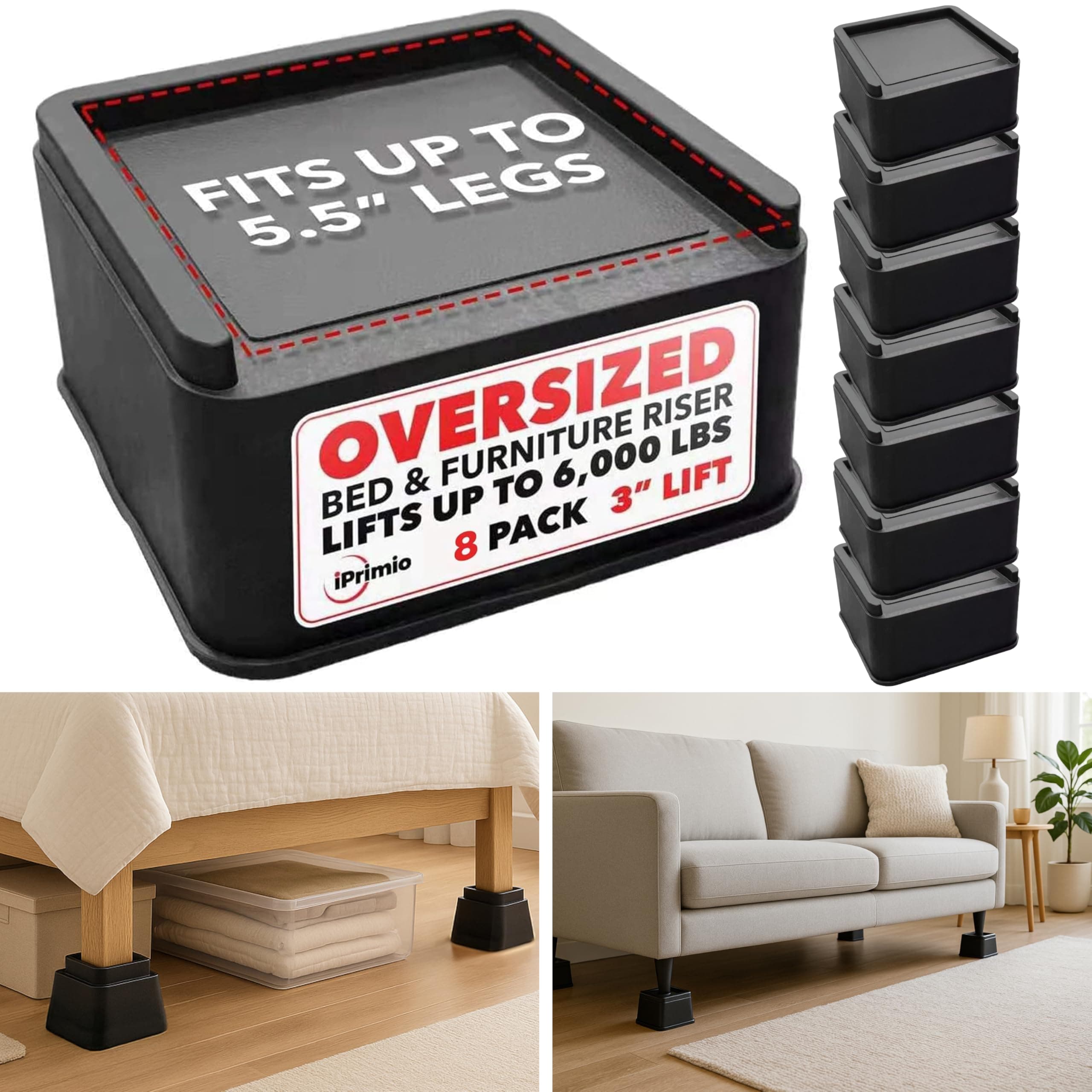 iPrimio Oversized Bed and Sofa Risers, Square 3" Lift, Heavy Duty, 8 Pack, Up to 6000lbs - Bed Raising Blocks, Furniture and Couch Risers - Bed Lifts for College Dorm Rooms, Couches, Tables, Desks