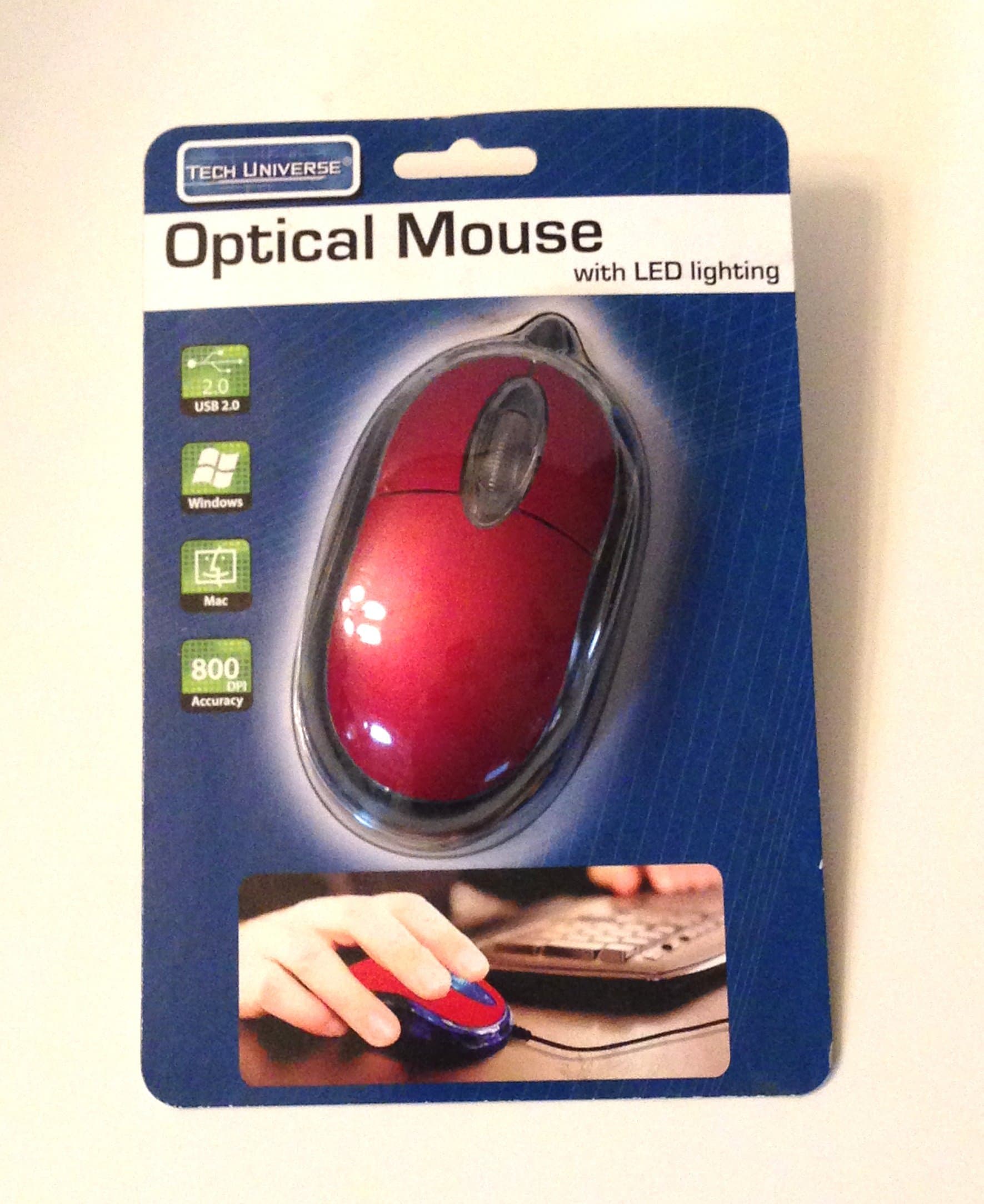 Red Optical Computer Mouse with LED Lighting USB 2.0 Windows/Mac 800 DPI Accuracy