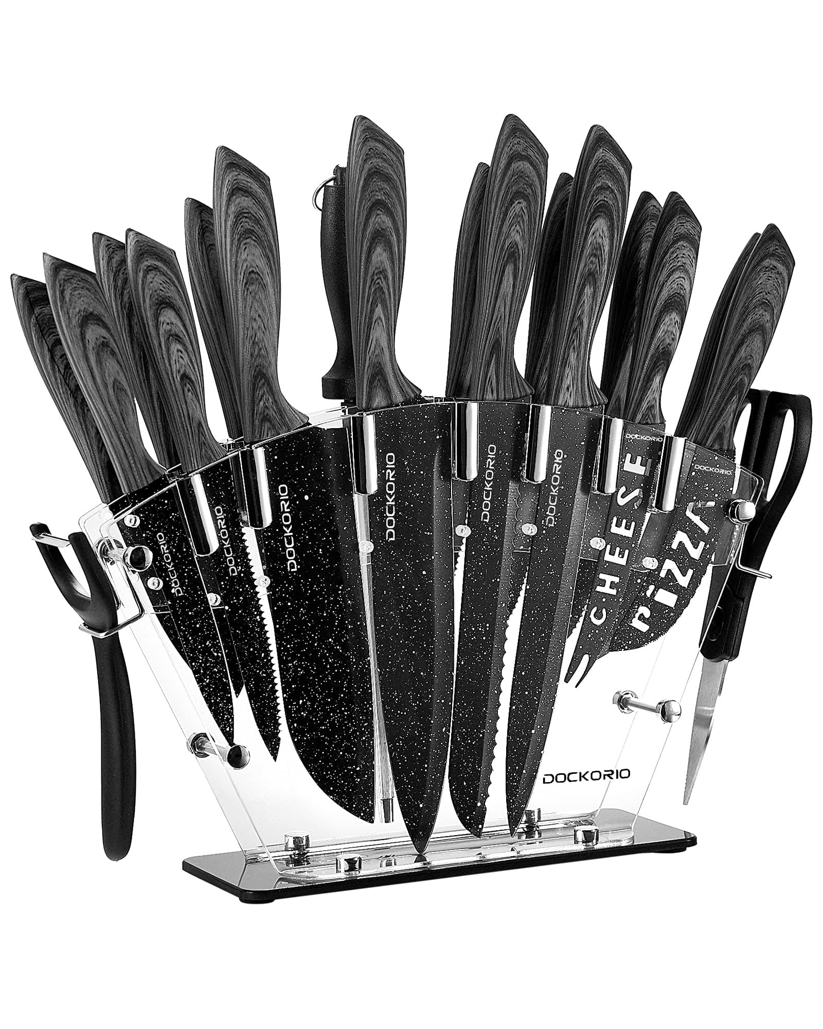 all in one Kitchen Knife Set with Block, 19 PCS High Carbon Stainless Steel Sharp Serrated Steak Knives Set, Chef Knives, Bread Knife, Scissor, Sharpener,