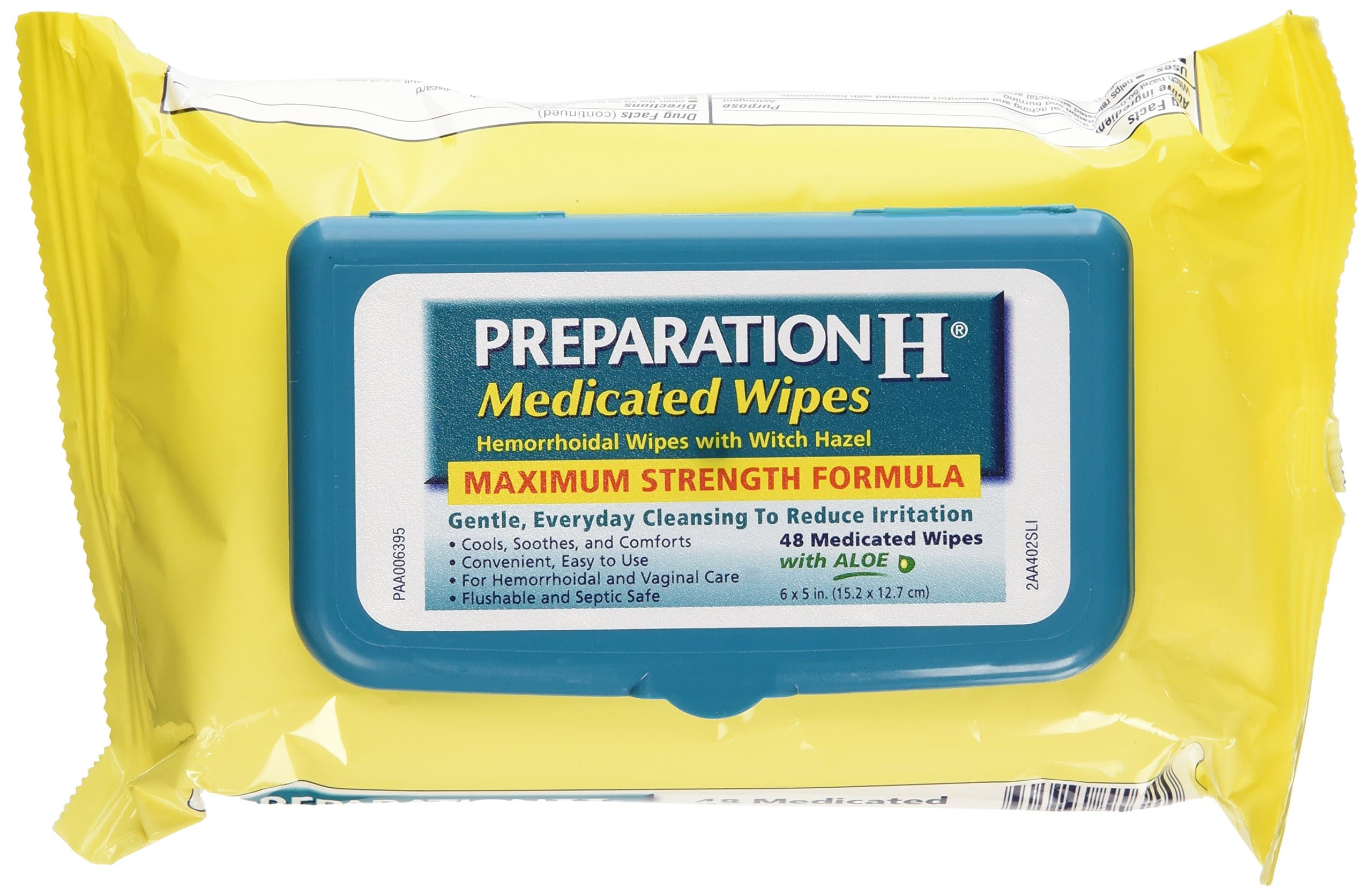 Preparation H (48 Count) Flushable Medicated Hemorrhoid Wipes, Maximum Strength Relief with Witch Hazel and Aloe, Pouch (Pack of 3)