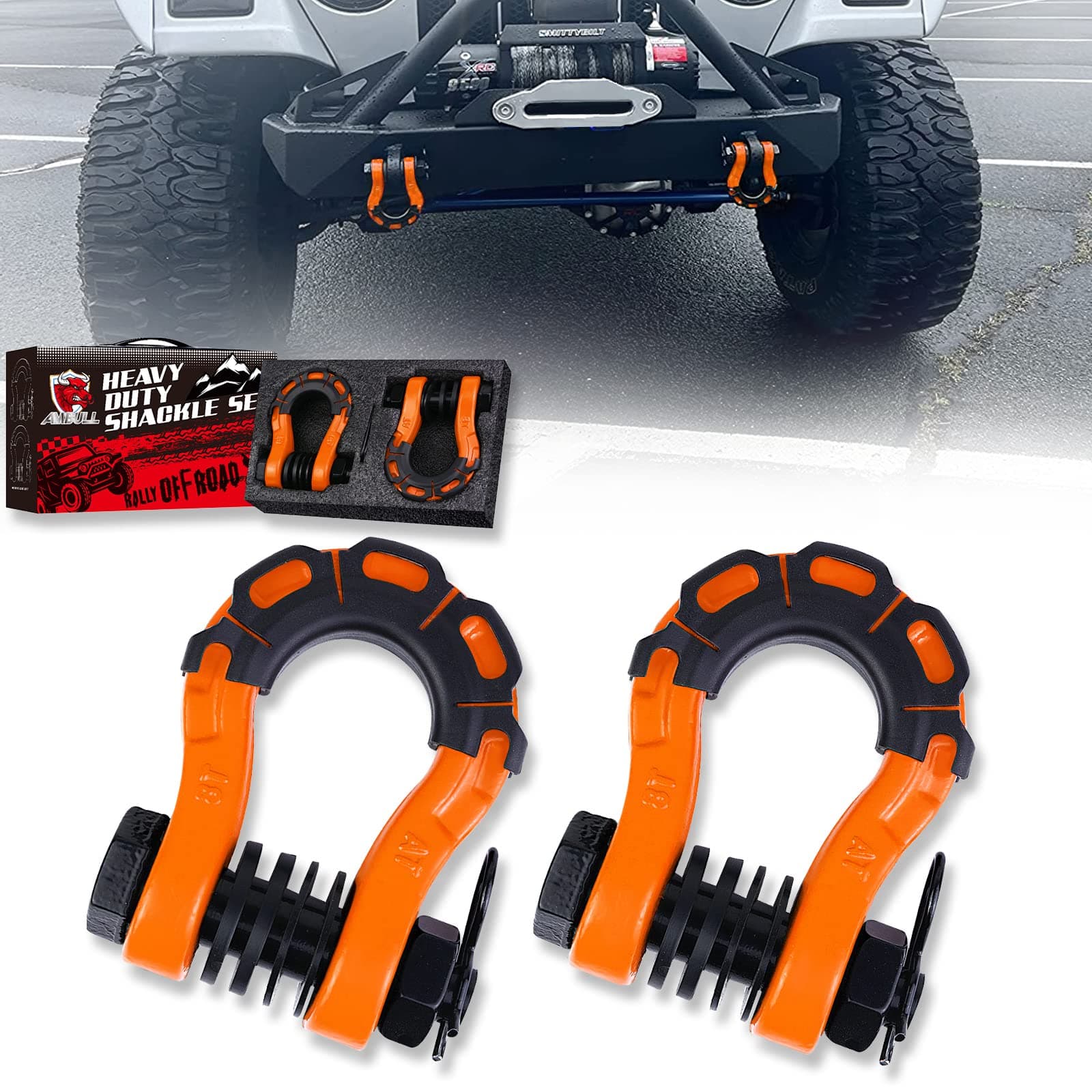 Shackles Upgrade 3/4" D Ring Shackle (2 Pack) 70,000 lbs Break Strength with 7/8" Pin, Isolator and Washer Kits for Use with Tow Strap, Winch, Off-Road Truck Vehicle Recovery, Orange