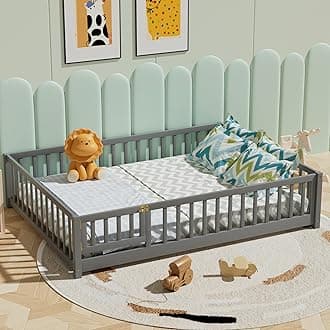 i-POOK Full Floor Bed for Children, Sturdy Wood Montessori Bed Frame with Wood Slats, Fence & Door for Girls and Boys, Gray (with Bed Slats)