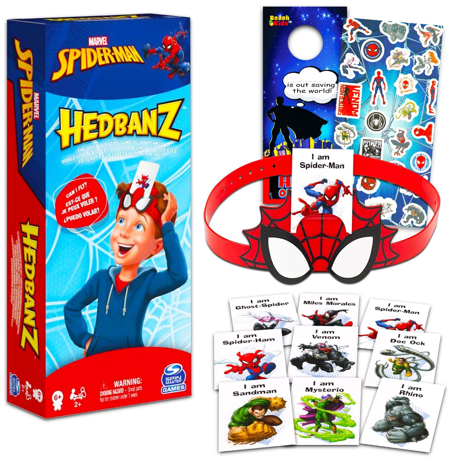 MarvelSpiderman Hedbanz Game - Spiderman Gift Bundle with Hedbanz Game Plus Stickers and More for Kids, Boys (Marvel Gifts)