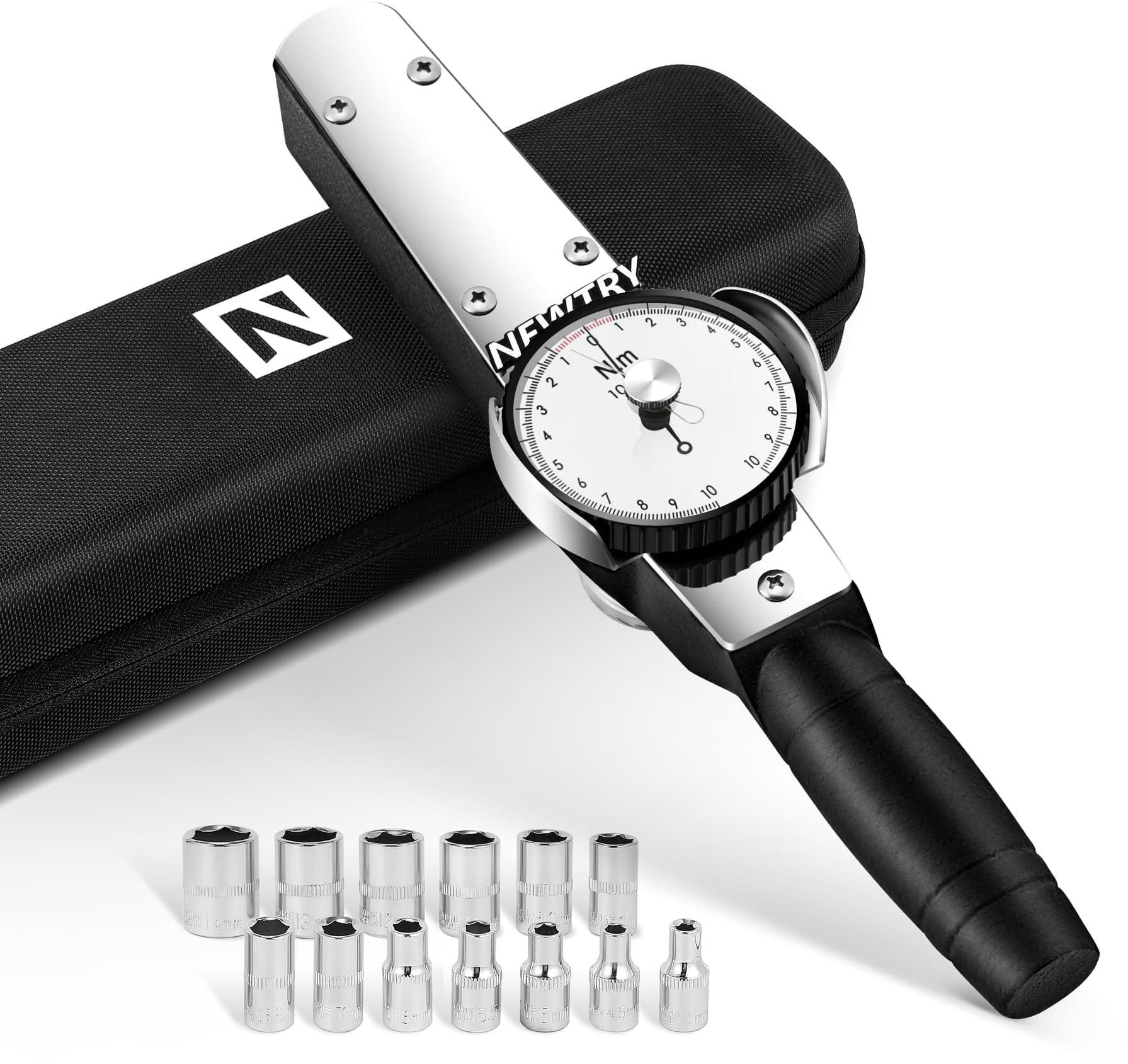 NEWTRY 4-14mm Dial Torque Wrench with Sockets Set, 1-10N.m, Precision Torque Meter, 1/4 inch pound Torque Force Tester