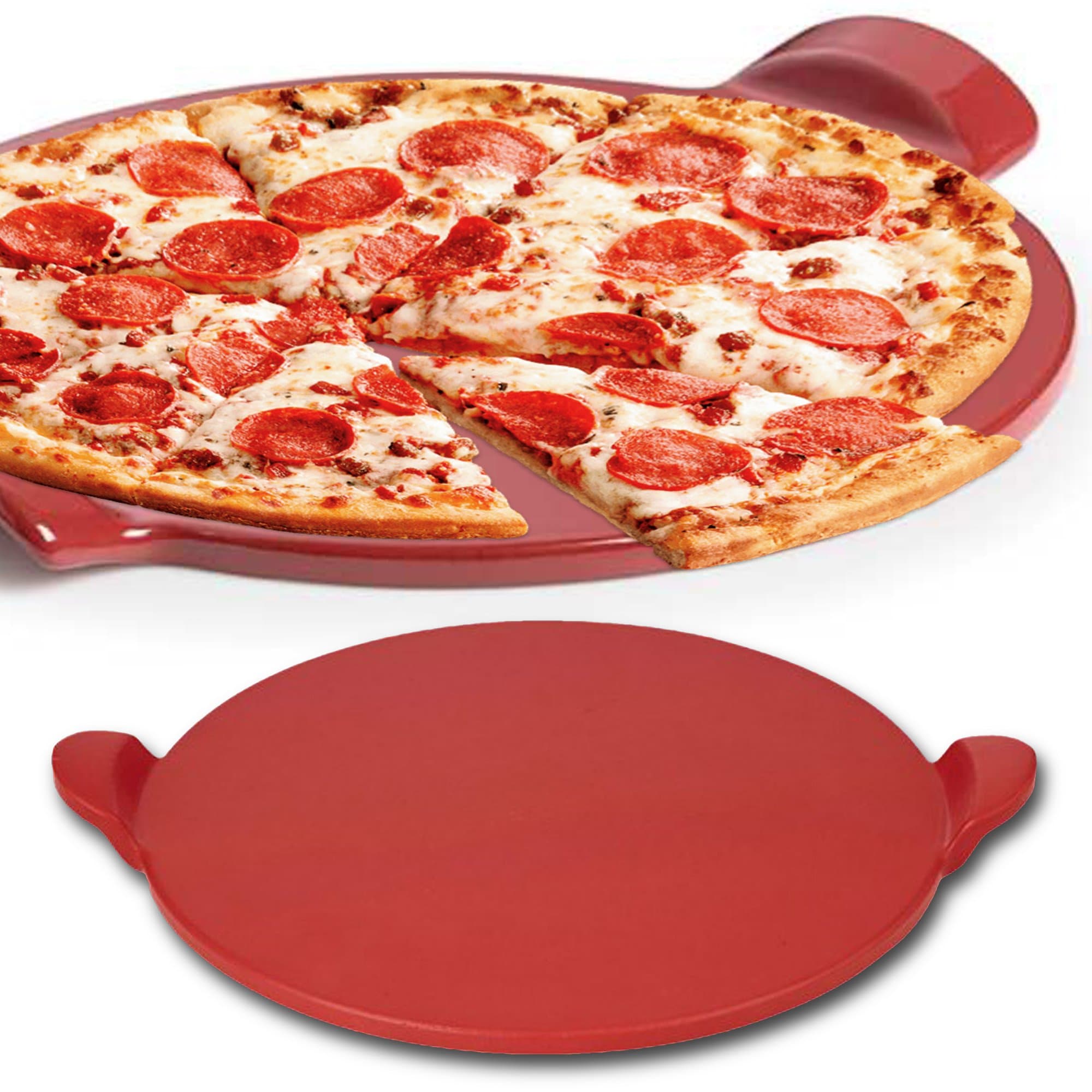 Pizza Stone Plus Cutter and Rolling Pin by Chefcoo 15 Inch Red Ceramic Glaze - Professional Baking Cordierite Stone with Handle for Oven, Broiler, Gas, Charcoal Grill - Safe Up to 315°C