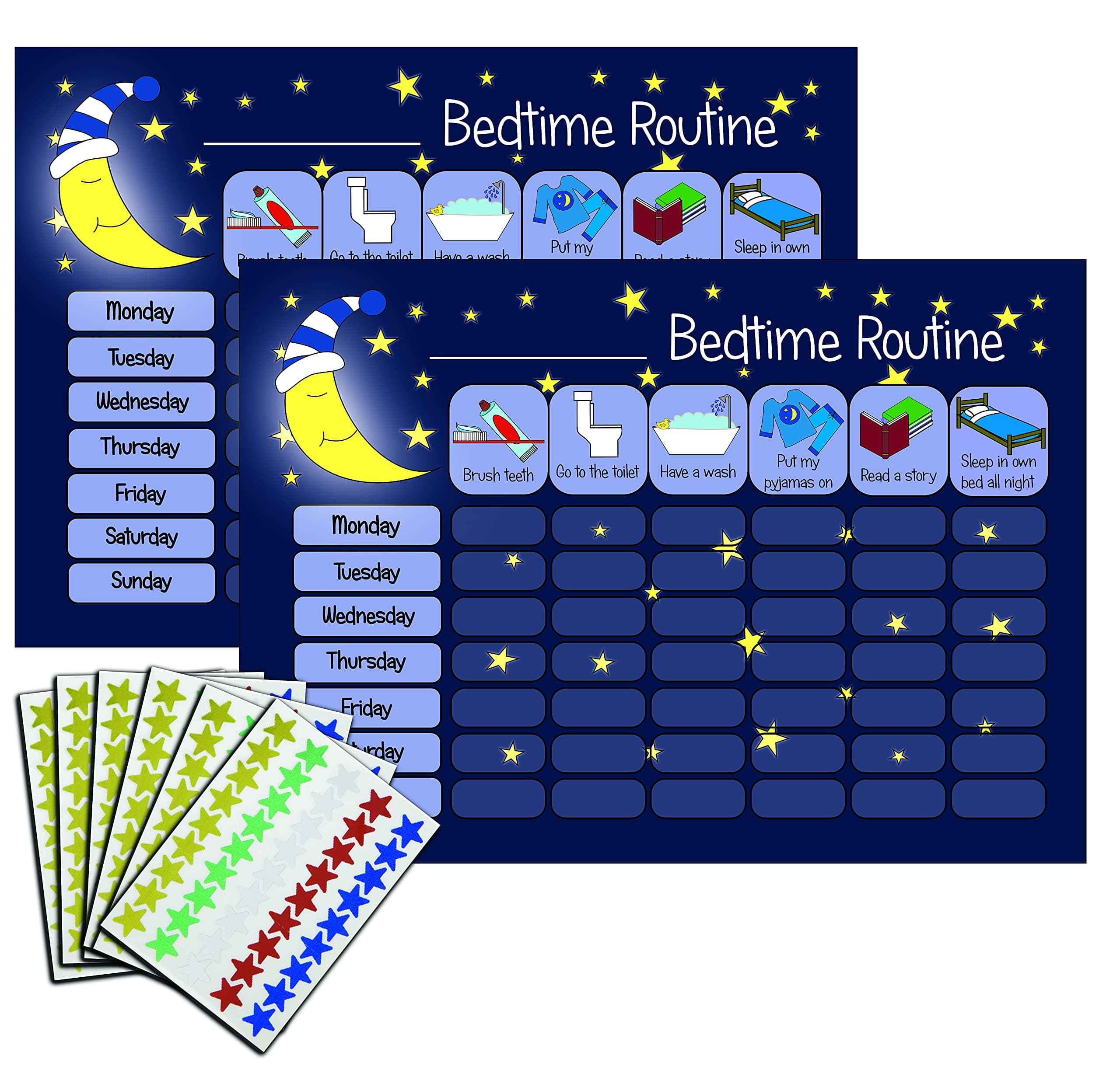 Children's Bedtime Routine Chart Reward Chart for Sleep Training Twin Pack (2 x Dark Blue) for boys girls toddlers With 270 Star Reward Stickers Included
