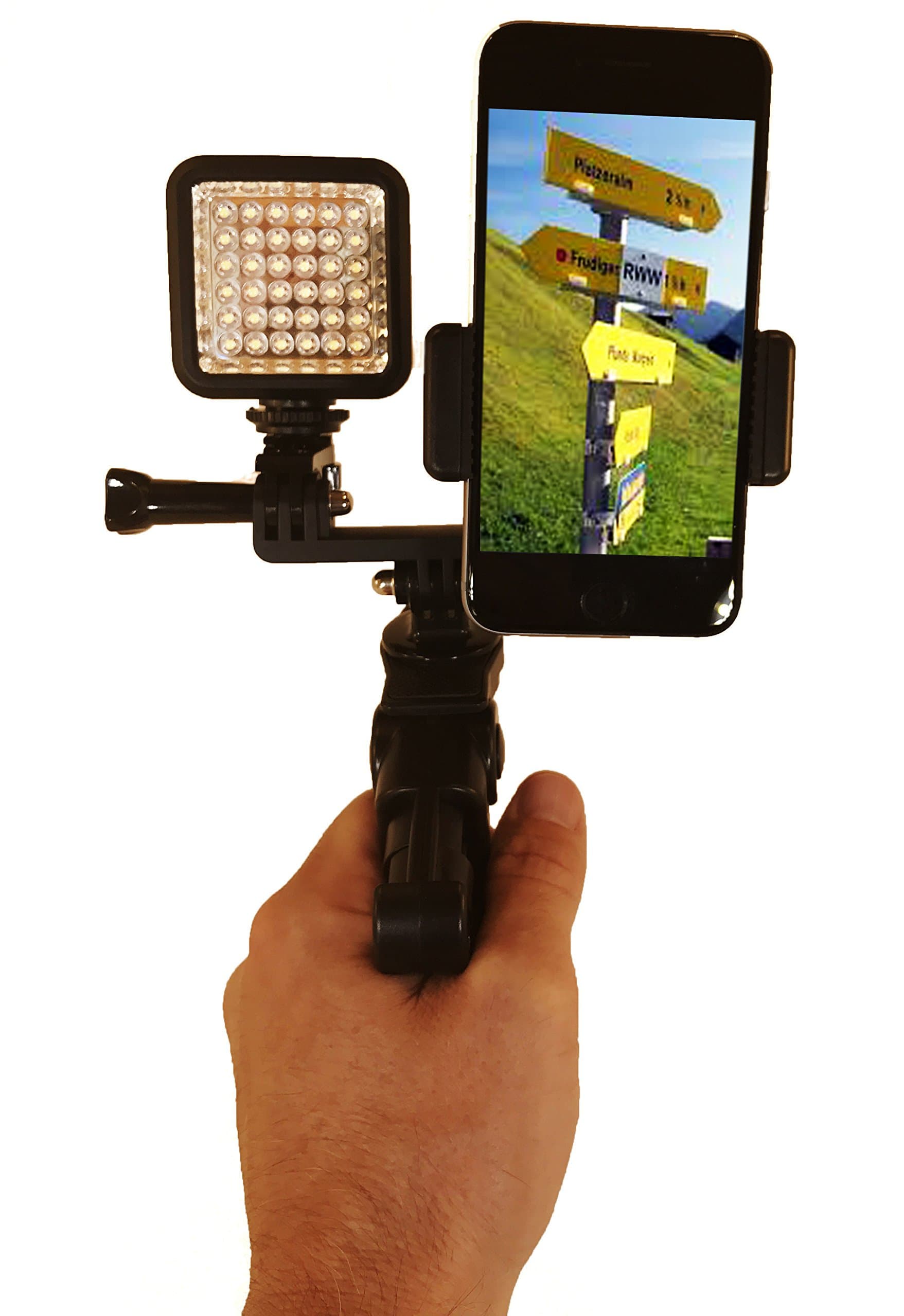 Octo Mount - Dual Device Tripod & Hand Grip Mount with LED Light. Works with iPhone, GoPro, Android, Samsung. (2 Device Pro Tripod)