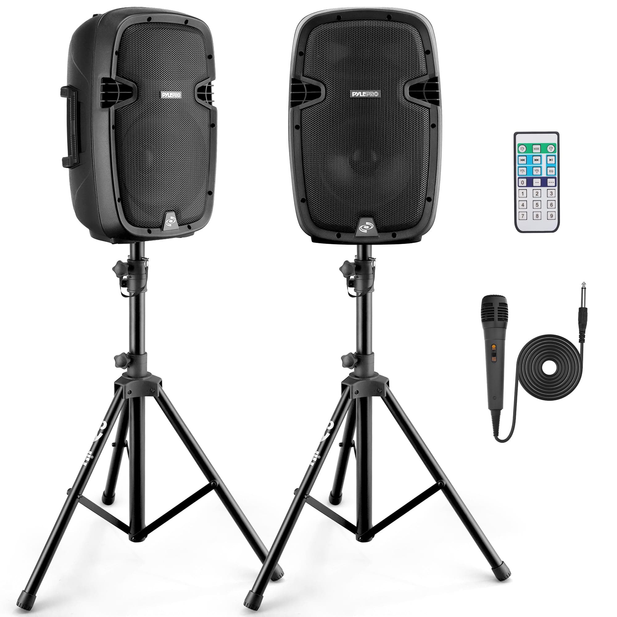 Pyle 10" Wireless Portable PA system - 1000W High Powered Bluetooth Compatible Active + Passive Pair Outdoor Sound Speakers w/ USB SD MP3 AUX - 35mm Mount, 2 Stands, Microphone, Remote - PPHP1049KT