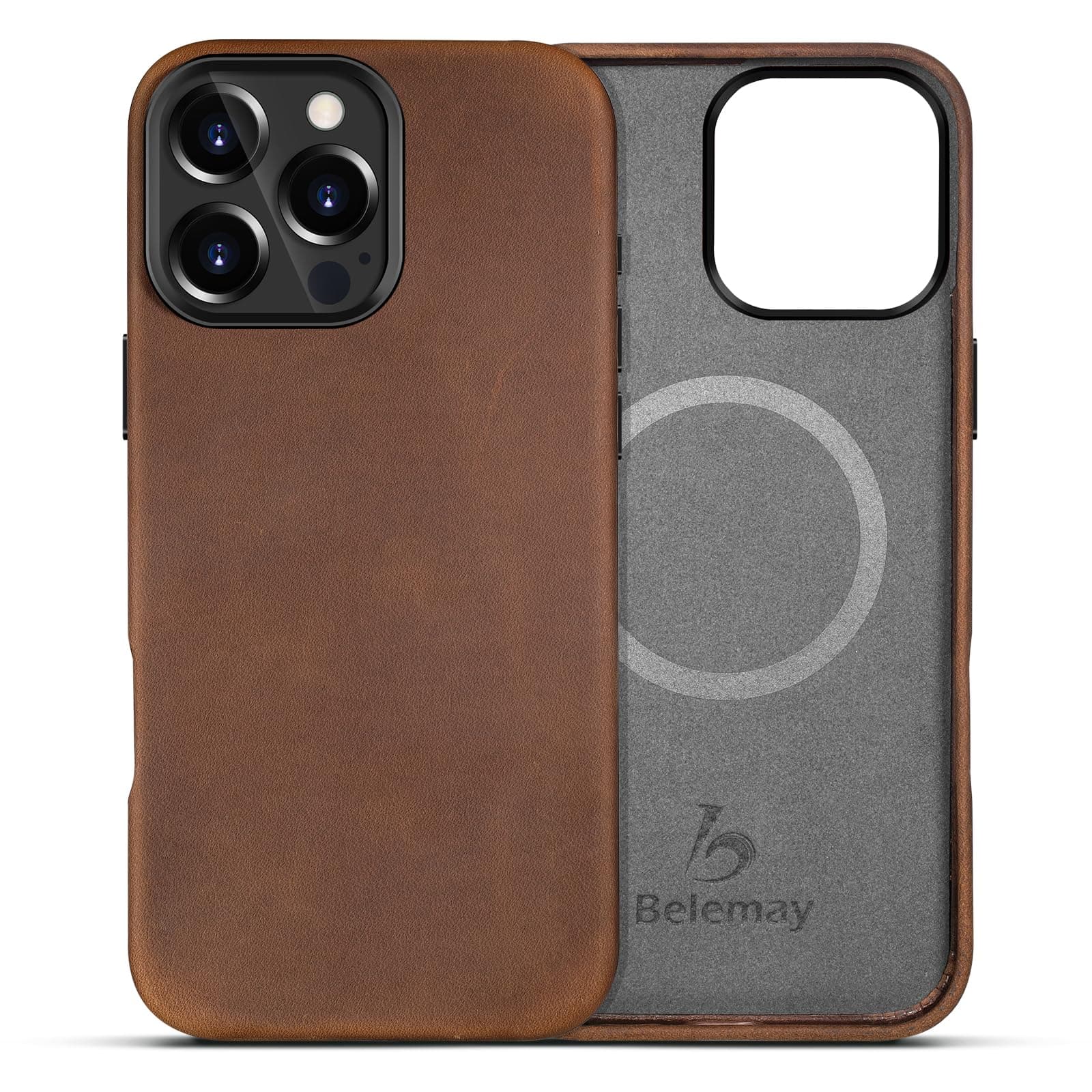 Belemay Compatible with iPhone 16 Pro Leather Case, Compatible with Magsafe, Premium Crazy Horse Leather [Vintage Aesthetic] Comfort Grip, Metal Buttons & Camera Bump Frame, (6.3") Classic Brown