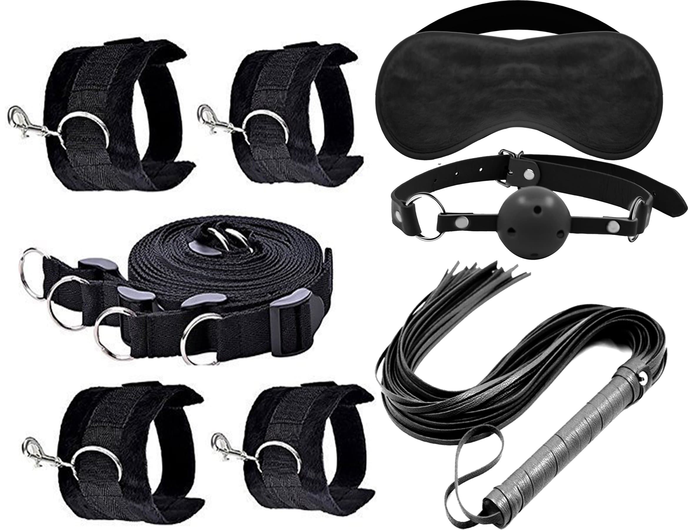 Durable 4-PC Black Cosplay Kit for Role Play Game with Blindfold, Whip and Gag. (Black)