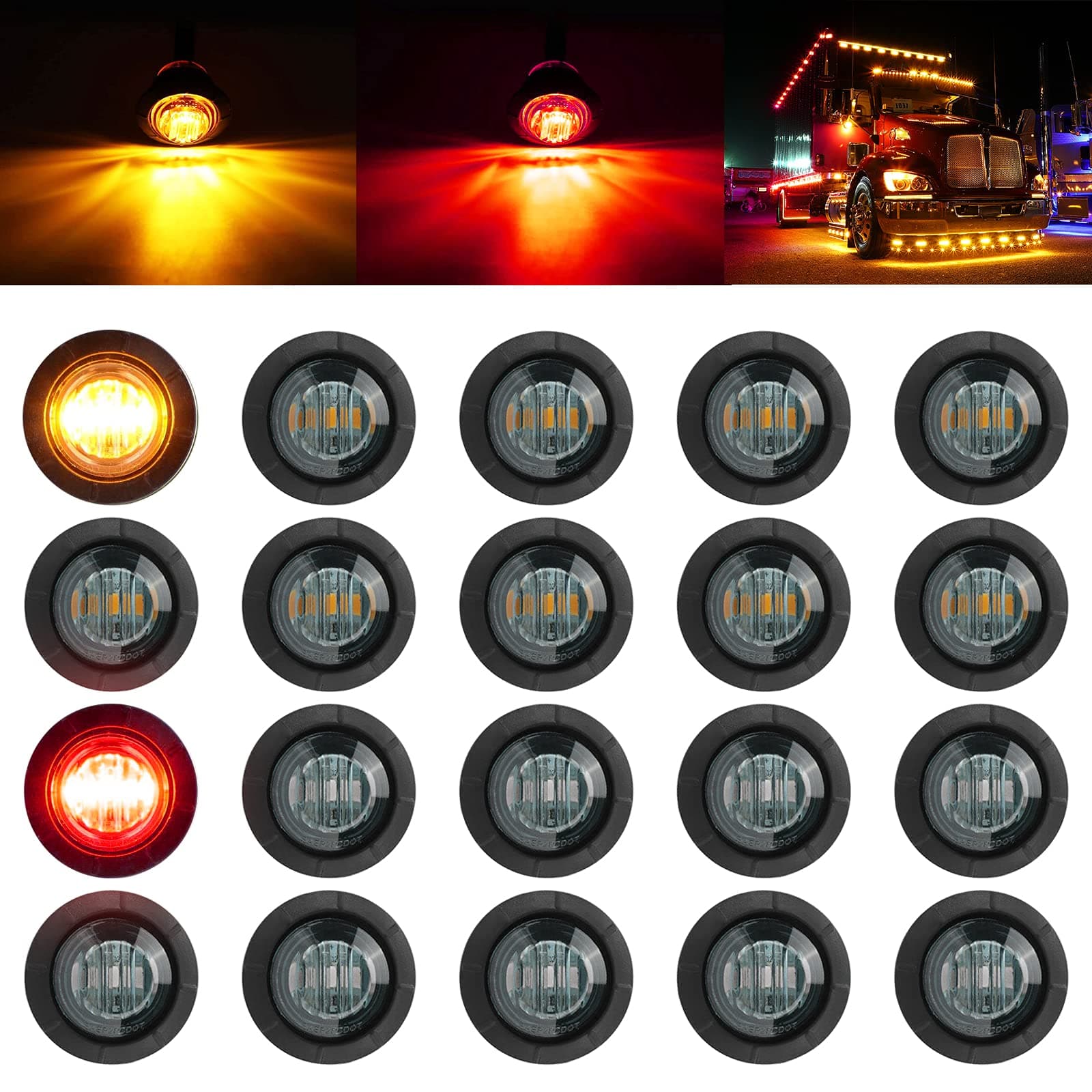 3/4 Inch Trailer Marker LED Lights, Side Clearance Indicators Tail Light Waterproof for Trailer Truck Car Bus Van Pickup RV Wrangler ATV UTV Boat (20pcs Smoked Lens Red & Amber LED)
