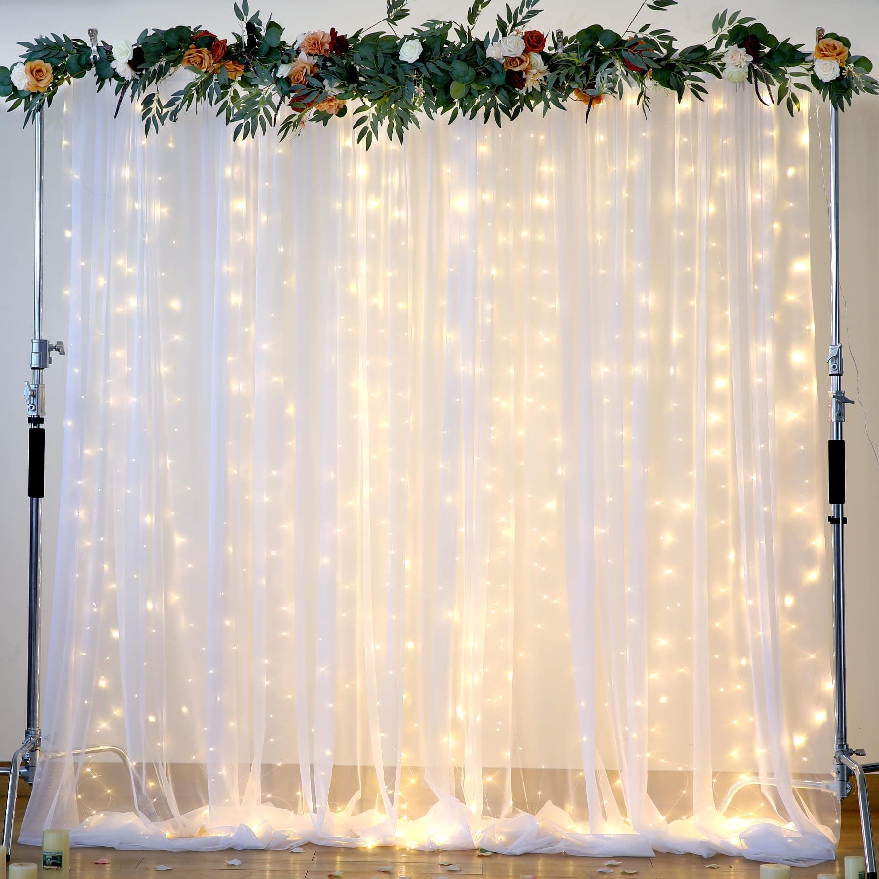 White Tulle Backdrop with Lights String for Parties - 108ft Sheer Curtains for Wedding, Baby Shower, Birthday Party & Photo Shoot Decorations (2 Panels)