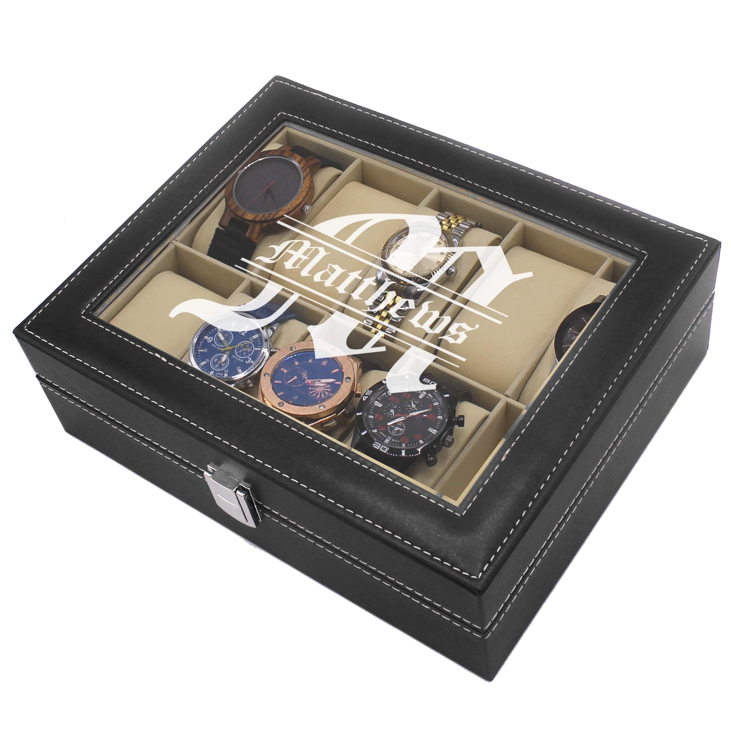 My Personal Memories, Custom Personalized Watch Storage Box Case - Name Initial - Groomsmen Fathers Day Gift - Engraved (Black)