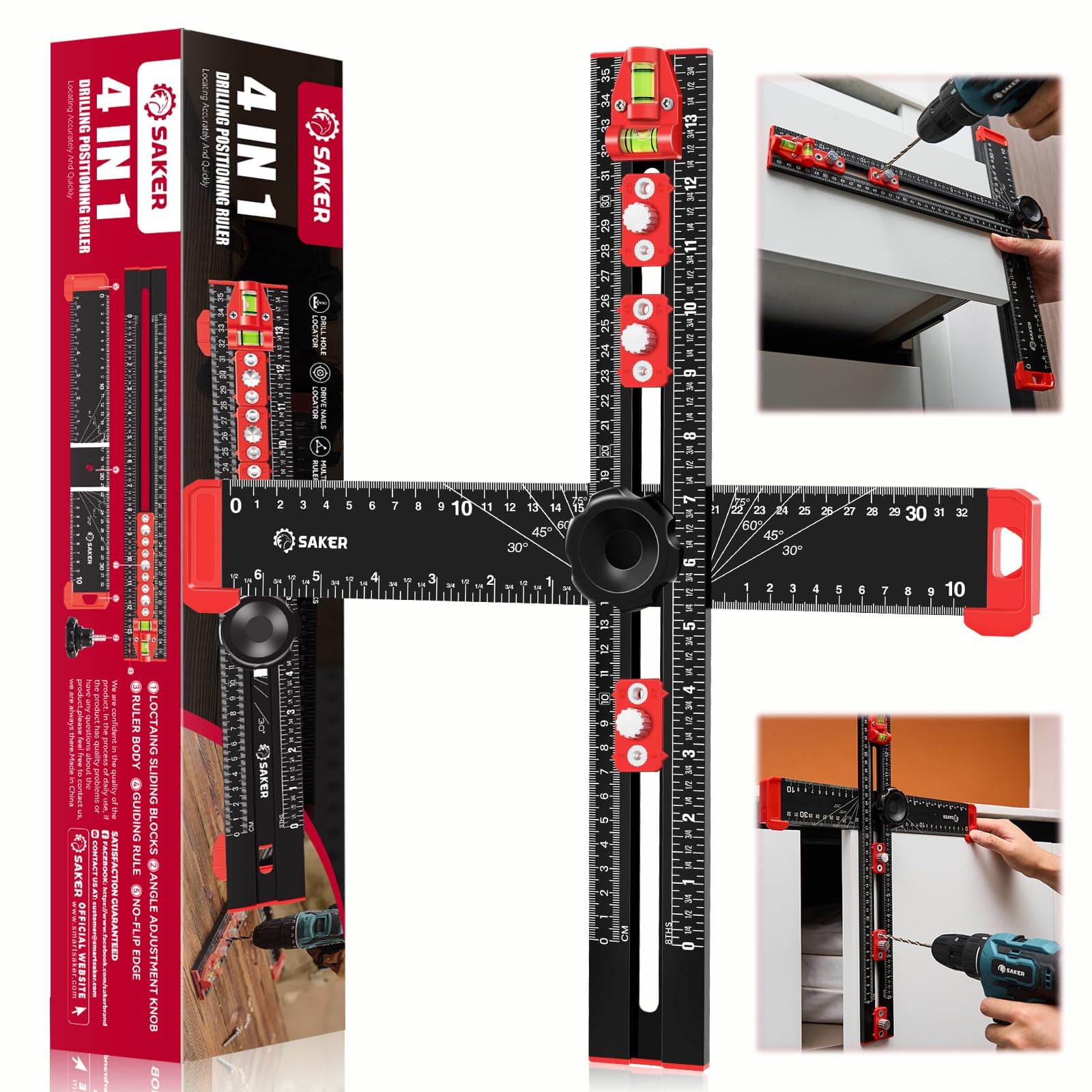 Saker 4-in-1 Drilling Positioning Ruler, Adjustable 13.78in T Square Ruler, Cabinet Hardware Jig, Marking Gauge Tools for Woodworking, Cabinet Drawer Door Hole Drilling Template