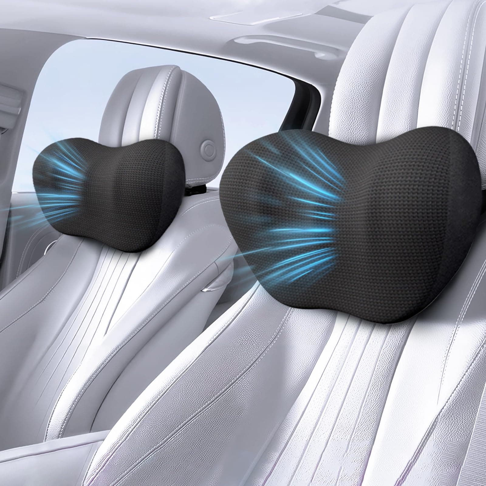 2 Pack Car Headrest Pillow, Comfy Head Rest Pillow for Car, 100% Memory Foam Car Neck Pillow for Driving - Universal Fit Travel Car Pillow for Pain Relief While Driving(Comes with 2 Eye Masks)