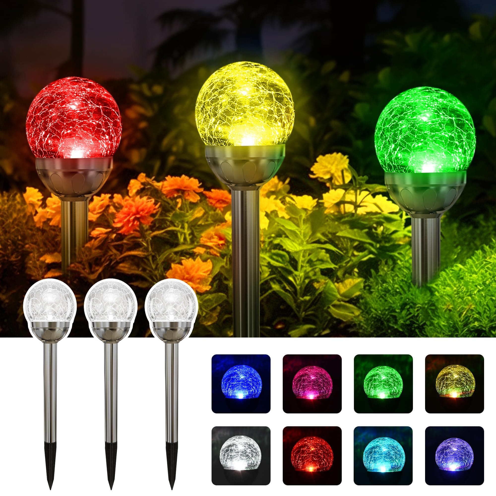 SOLPEX Solar Garden Lights Outdoor, 3 Pack Multi-Color Changing&White 2 Modes Solar Powered Glass Ball Garden Lights Waterproof for Patio Decoration