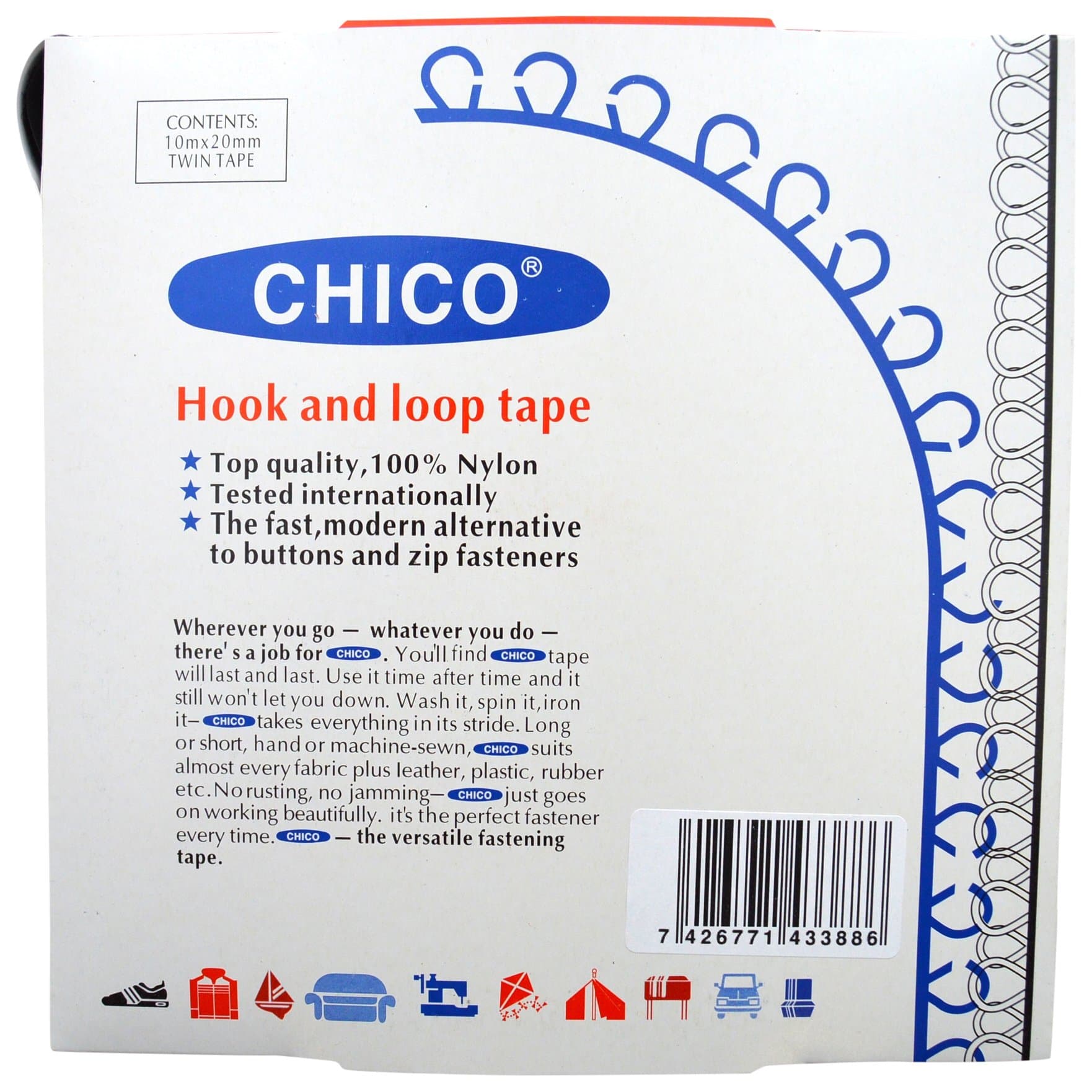 Chico Chico-10m x 20mm Hook and loop Sew and Stick Black, Synthetic Material, 24 x 24 x 3 cm