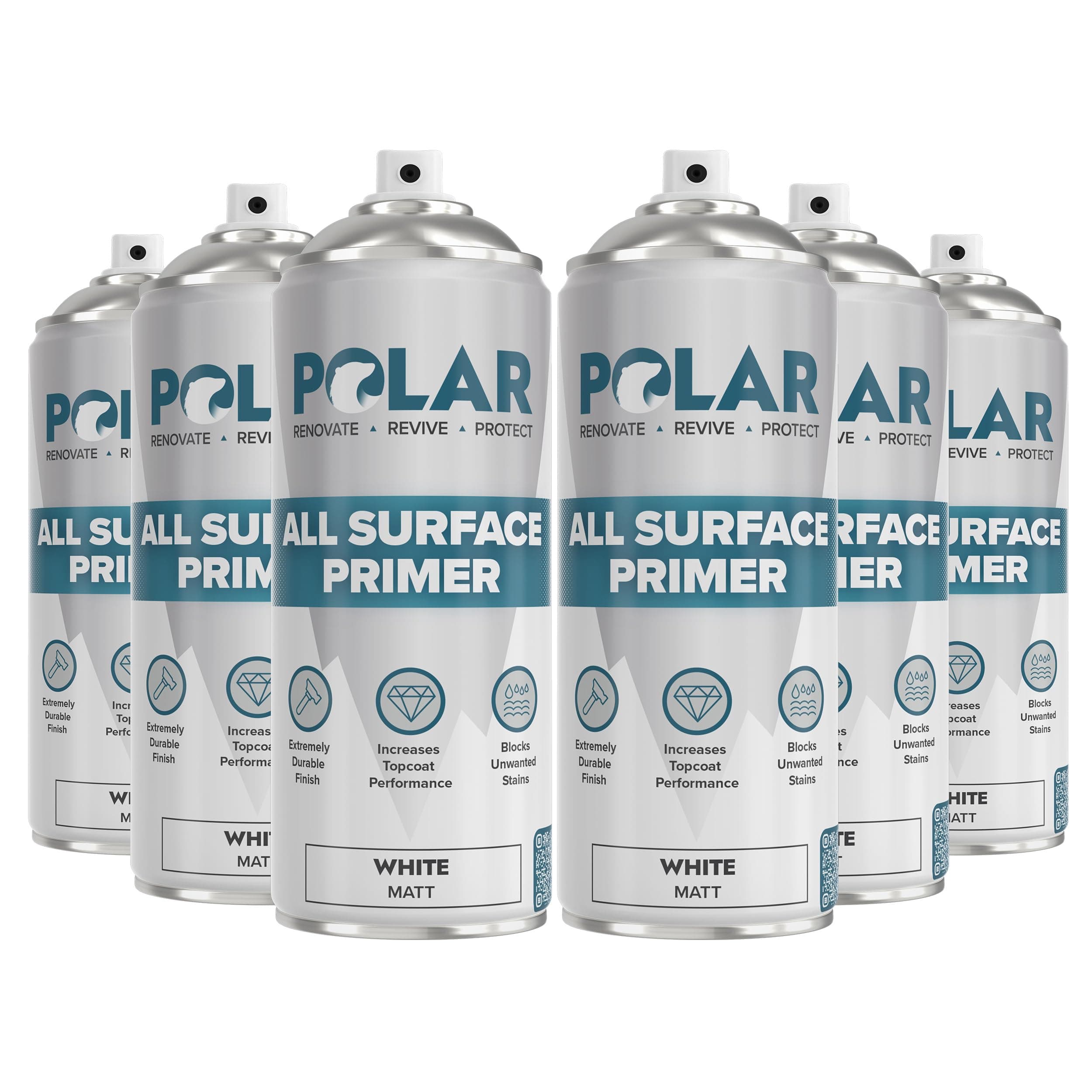 Polar All Surface Primer Matte White - 6 x 13.5 Fl Oz - Ideal for Wood, Metal, Plastic, Brick - Enhanced Adhesion & Quick Drying