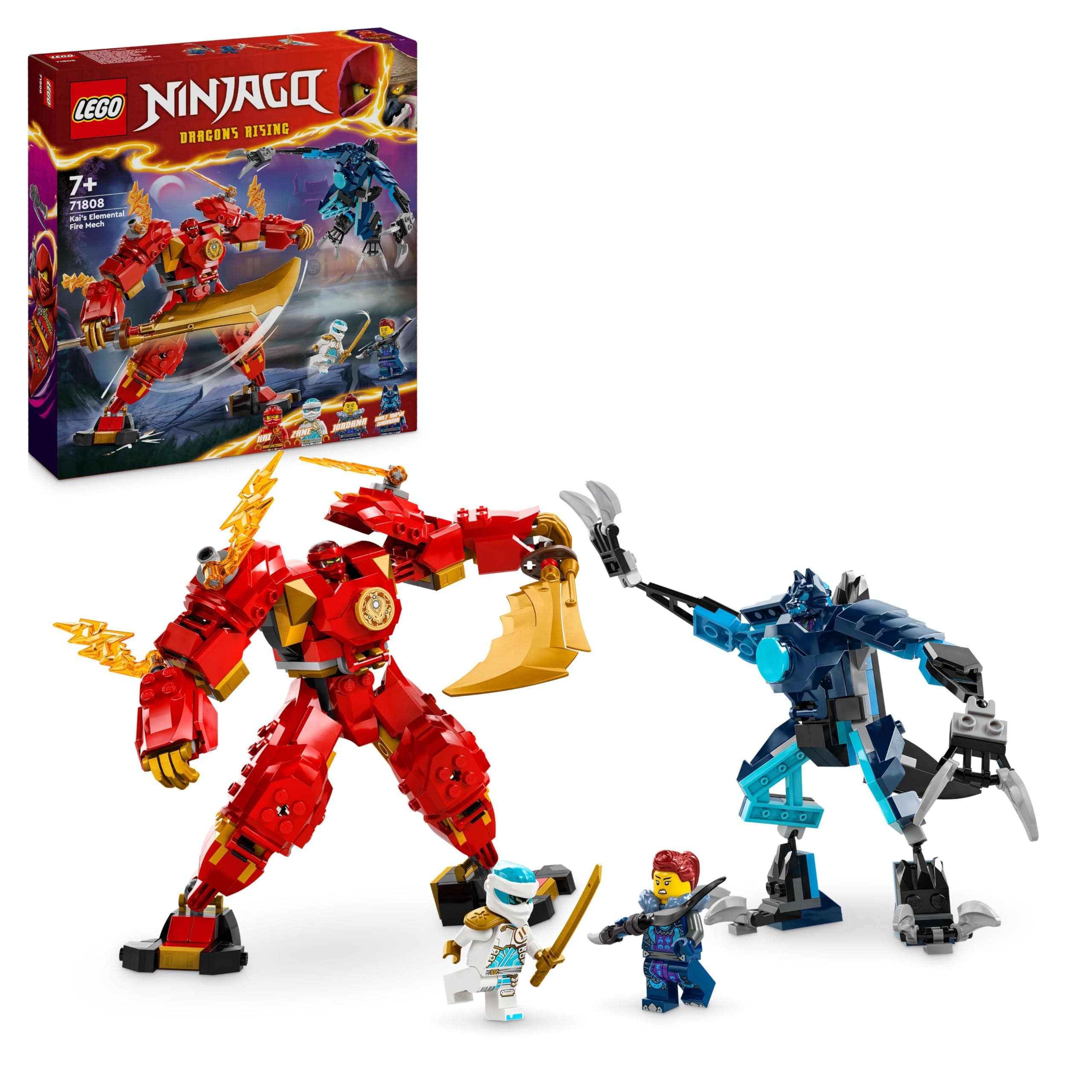 NINJAGO Kai’s Elemental Fire Mech, Action Figure Building Set from Dragons Rising, Ninja Toy for 7 Plus Year Old Boys & Girls with Kai and Zane Character Minifigures, Birthday Gift Idea 71808