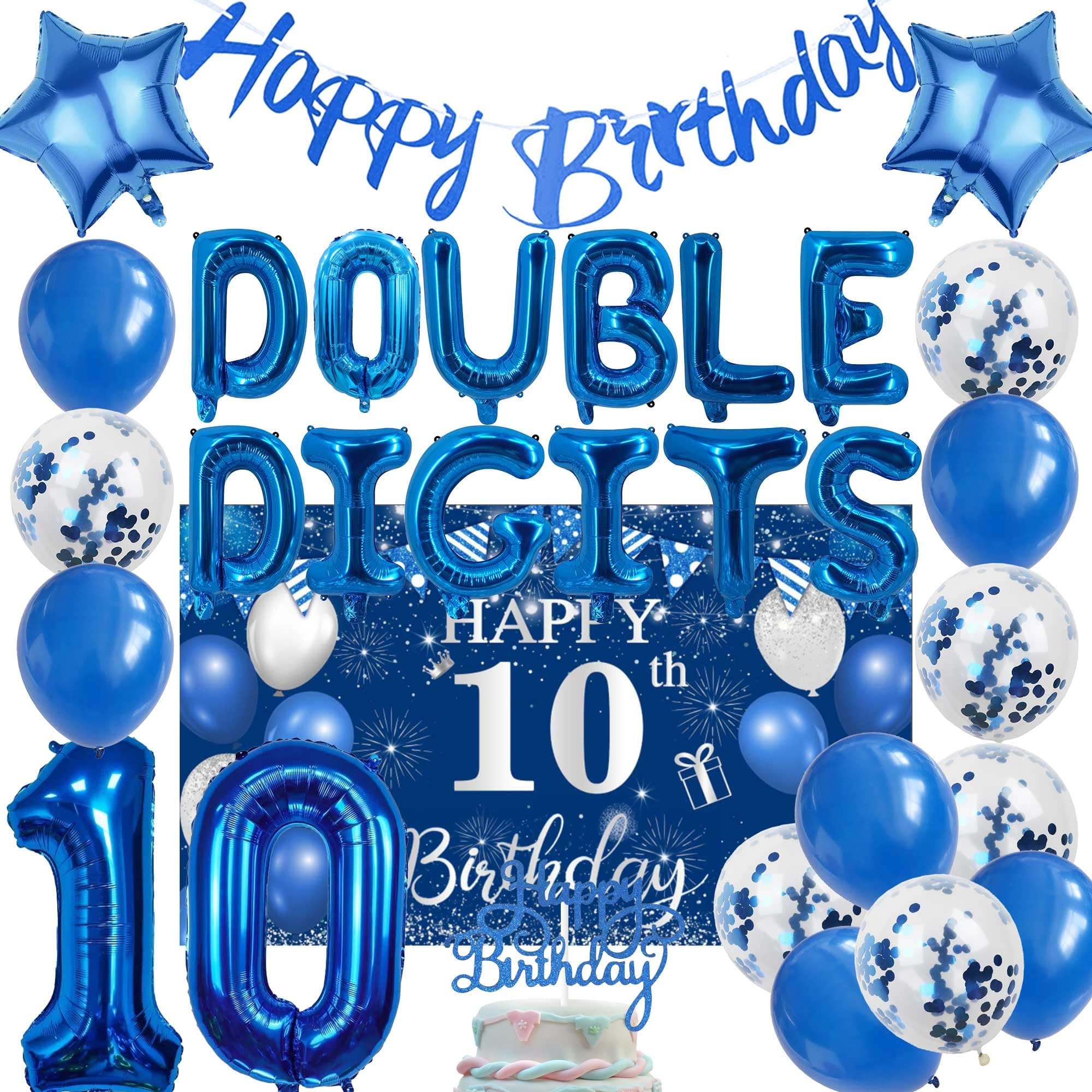 10th Birthday Decorations for Boys - 31 Pcs Blue Double Digits Party Supplies Including Number 10 Foil Balloon Background Cake Topper for 10 Year Old Birthday Decoration