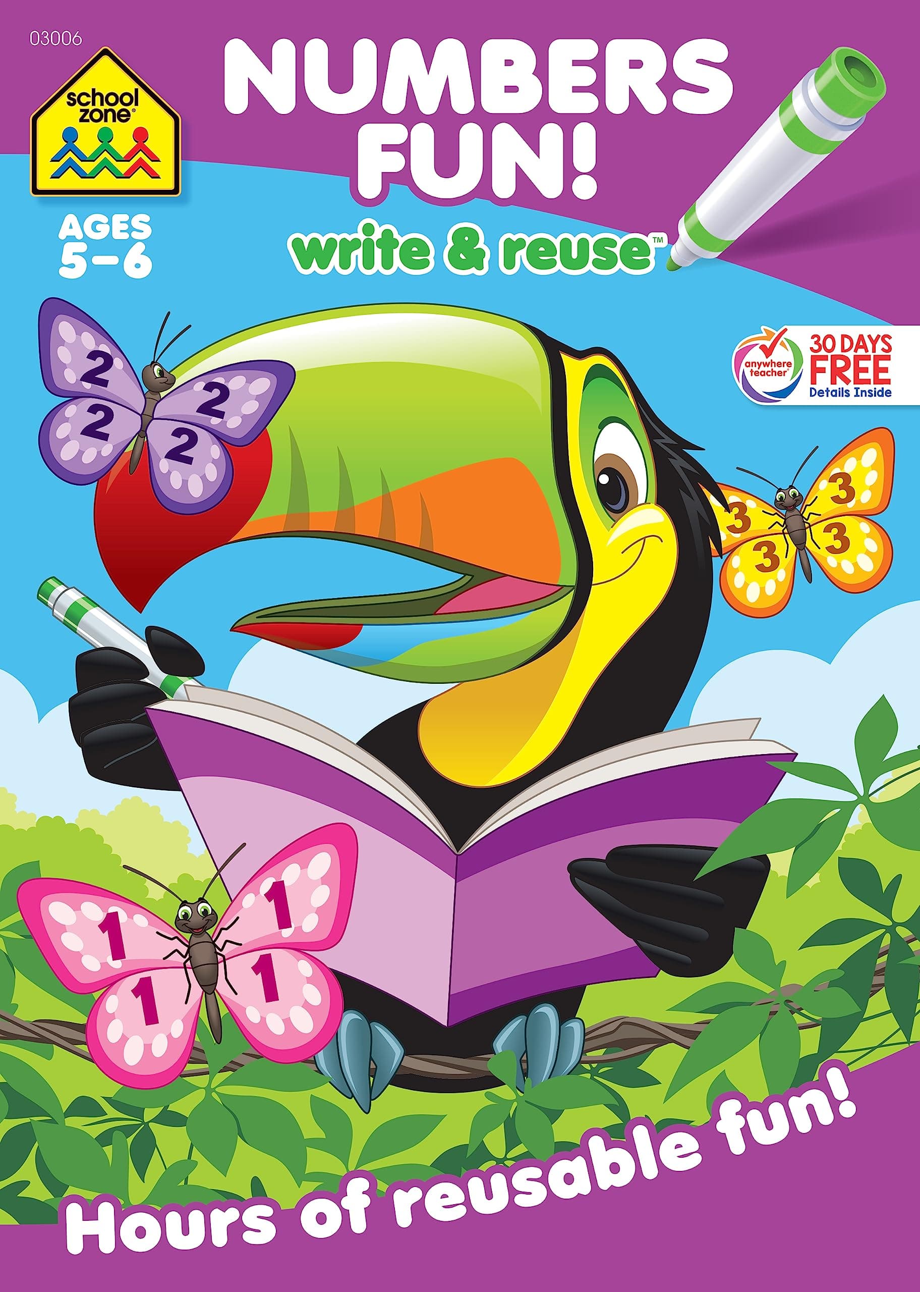School Zone Numbers Fun! Write & Reuse Workbook: 26 Wipe-Clean Pages, Preschool, Kindergarten, Write-On Learning, Write and Wipe, Numberical Order, Counting, Printing & Tracing Numbers, Ages 5-6