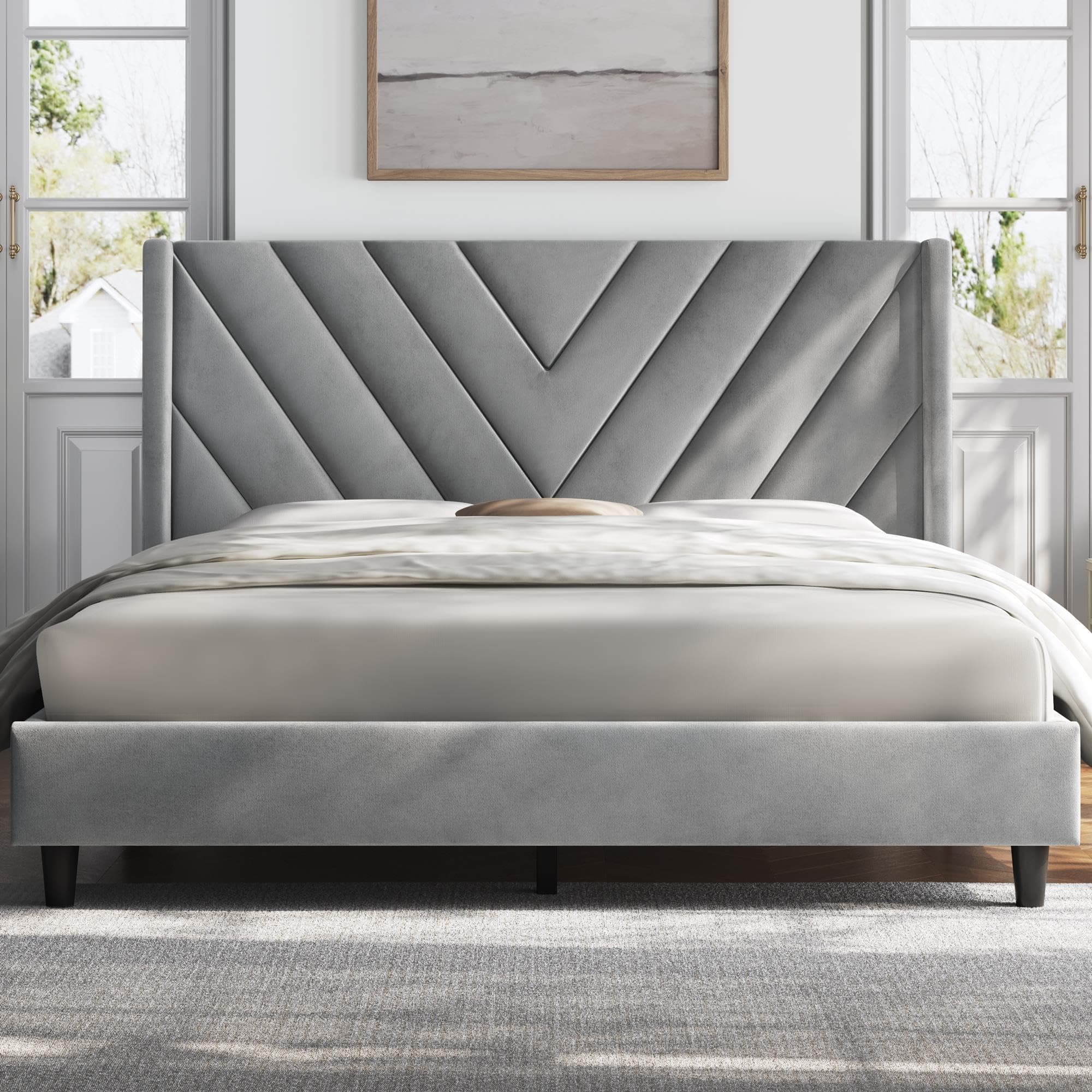 Queen Bed Frame Upholstered Platform Bed with Wing Side/Wooden Slat Support/Tufted Headboard with Wing Side/Mattress Foundation/No Box Spring Needed,Light Gray Queen Bed