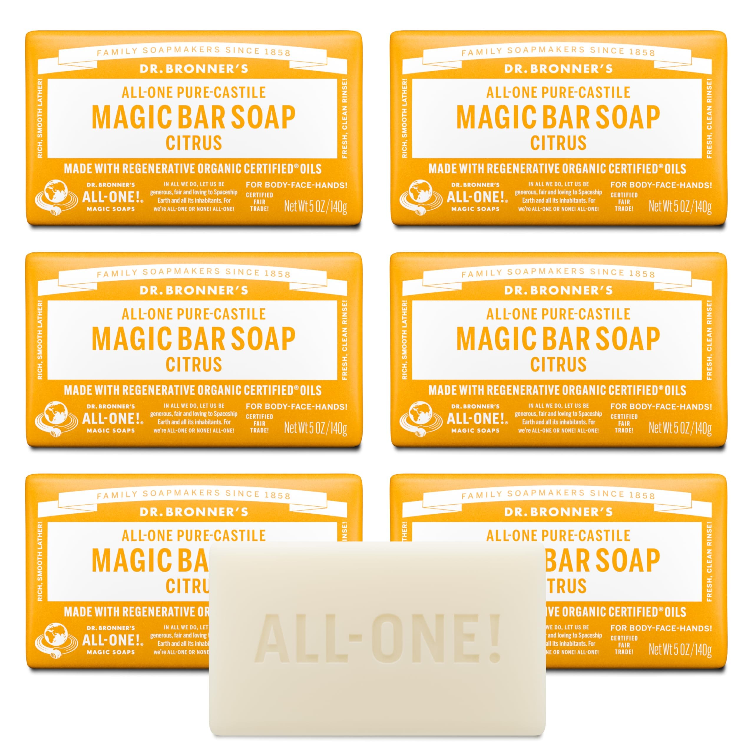 Pure-Castile Magic Soap Bar (Citrus, 5 oz, 6-Pack)- Bath Soap with Regenerative Organic Certified Oils - For Face, Body & Hair - Gentle, Vegan - Bars for Men & Women
