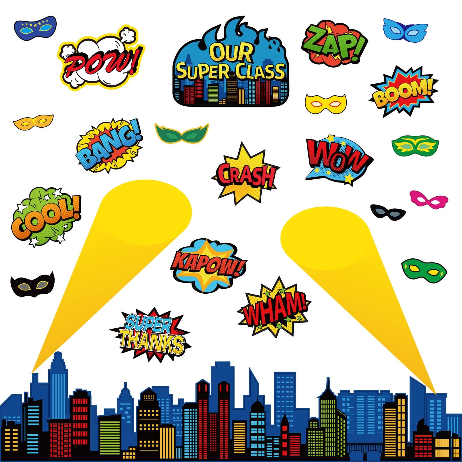 Super Theme Hero Classroom Bulletin Board Decorations Super Theme Hero Cityscape Sayings School Boards Cutouts Heroes Cutouts Classroom Holiday Bulletin Board Decor