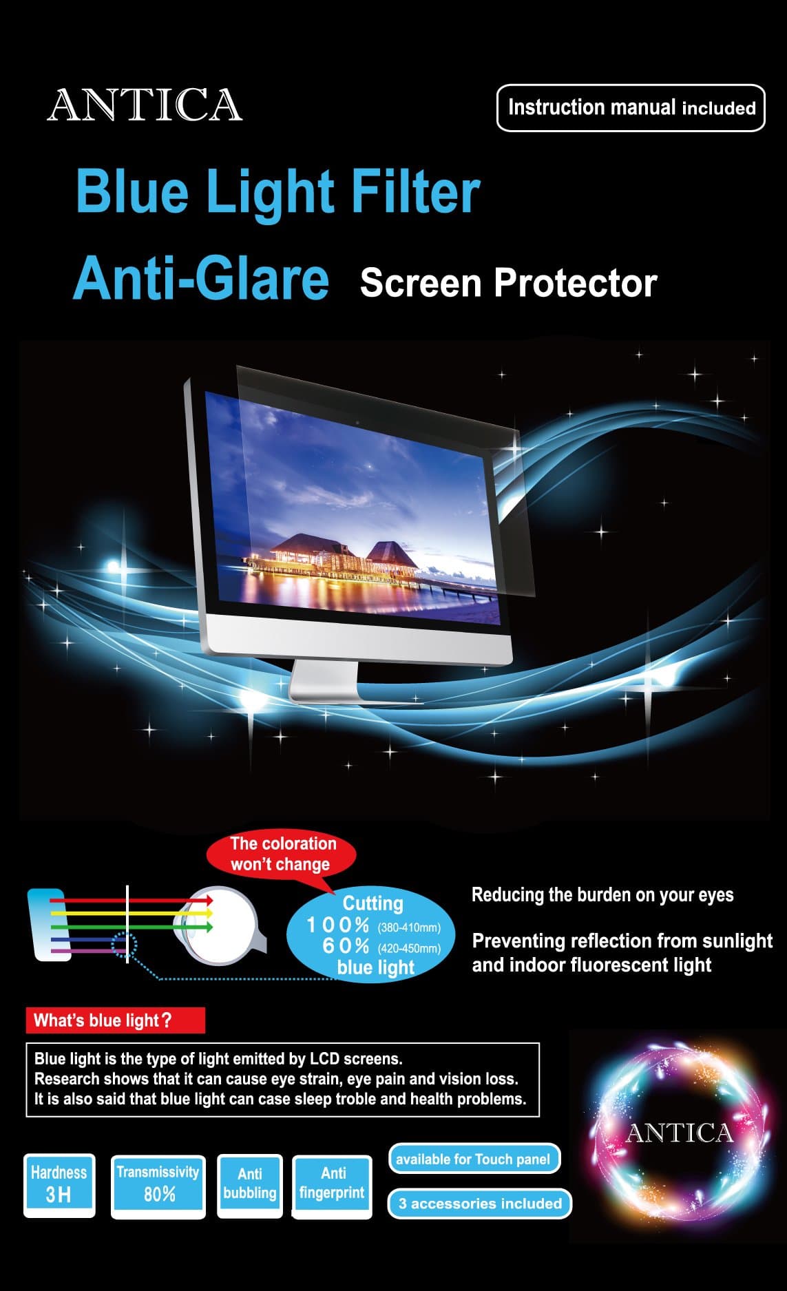 ANTICA Blue Light Filter Anti-Glare Screen Protector/ 24-inch