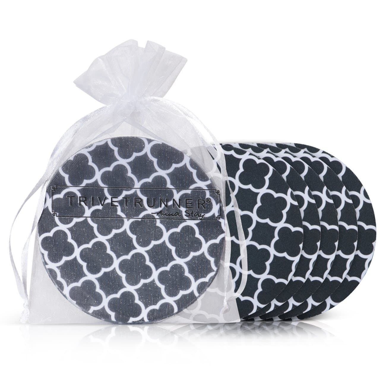 Modern Drink Coaster Set: 6 Flat 4-Inch Round Discs Protect Surfaces,Table,Bar,Desk from Hot or Cold Drinks, Anti-Slip, For Glass,Mug or Cup, 5 Design Choices By Trivetrunner (Black & White)