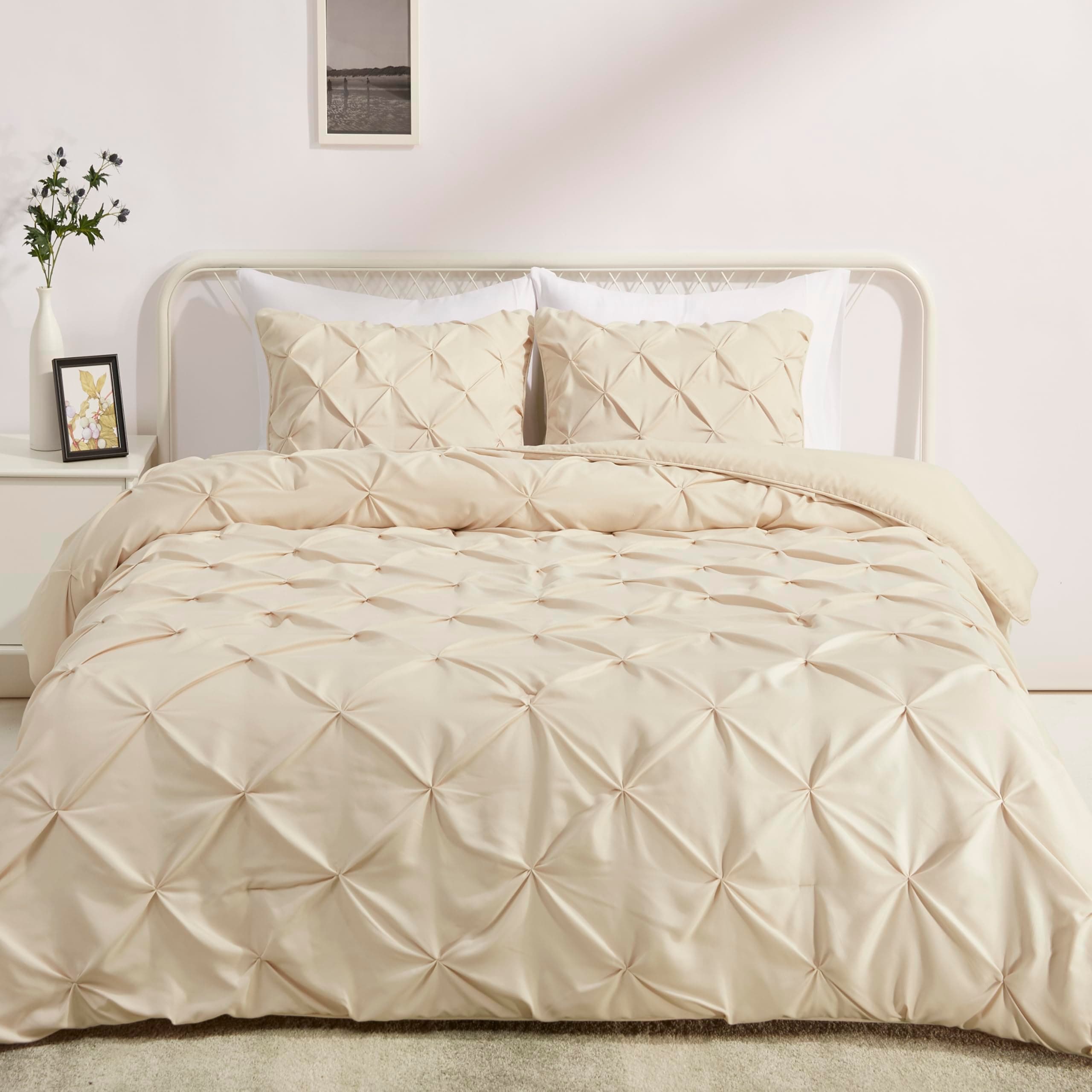 All-Season Down-Alternative 3-Piece Comforter Bedding Set, Soft Lightweight Microfiber, Pinch Pleat Design, King, Beige