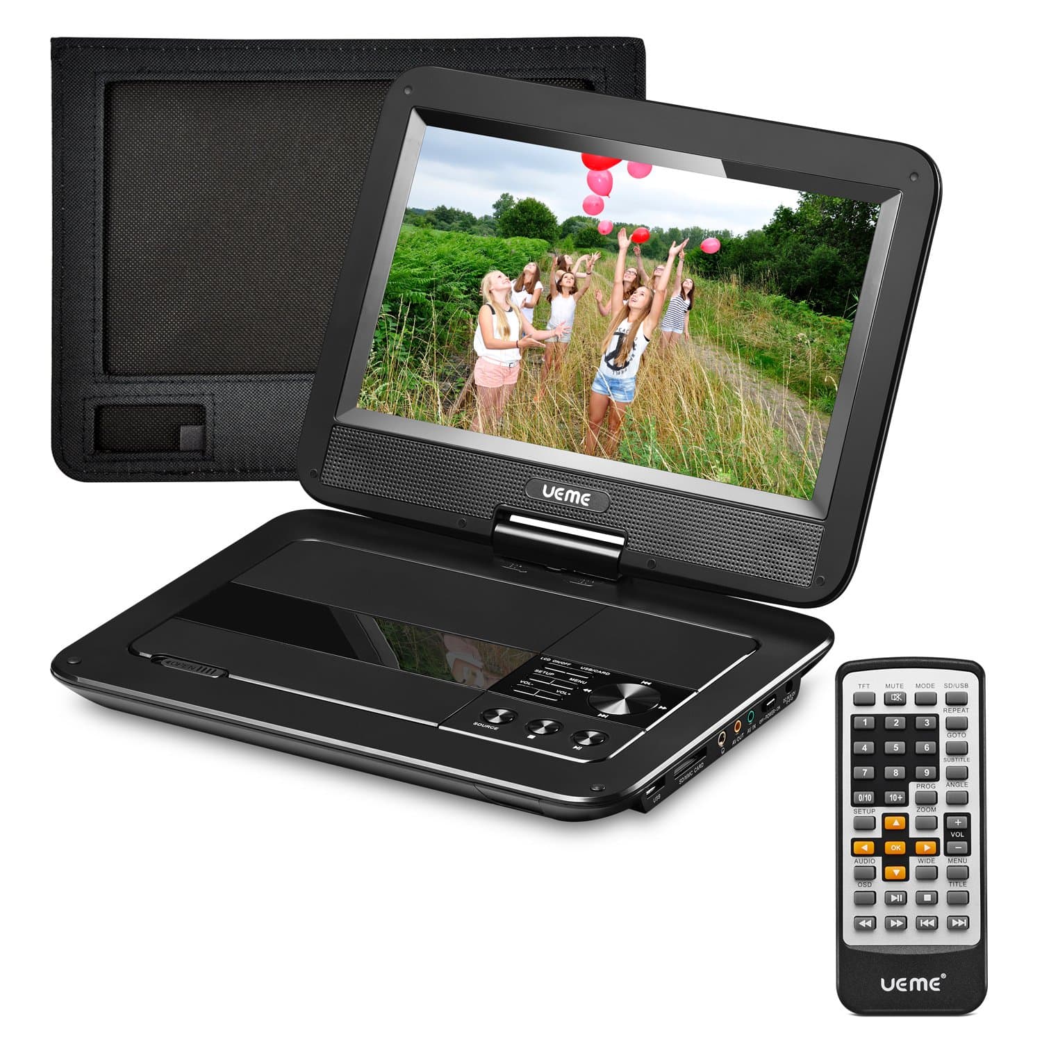 Portable DVD Player with Car Headrest Mount Case, 10.1" HD Swivel Screen, Remote Control, Power Adapter, Car Charger, 5 Hours Rechargeable Battery, Support USB/SD Card and TV Sync - Black