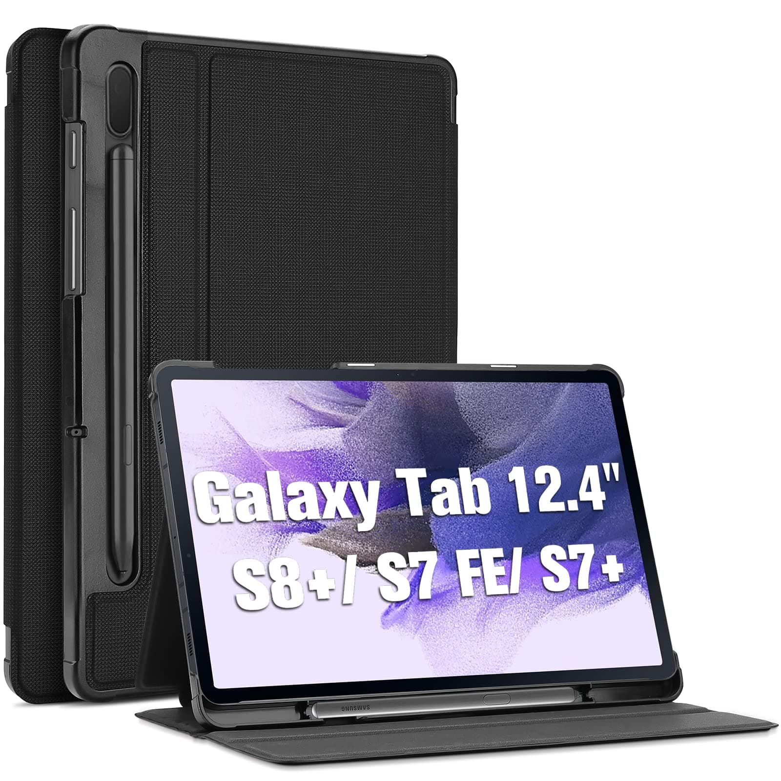 ProCase Case for Galaxy Tab S8 Plus/S7 FE 2021/S7 Plus 2020 12.4 Inch with S Pen Holder, Slim Stand Folio Smart Cover for 12.4" Tablet (SM-X800 X806 T730 T736 T970 T975 T976 T978) -Black