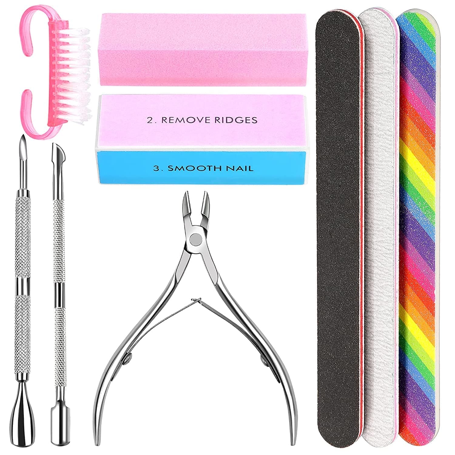 Nail File Kit-3Pcs Double Sided Nail File, Rectangular Nail Buffer, 4 Step Buffing Block, 3Pcs Cuticle Clipper & Pusher, and Nail Brush, Complete Nail Kit with Buffer