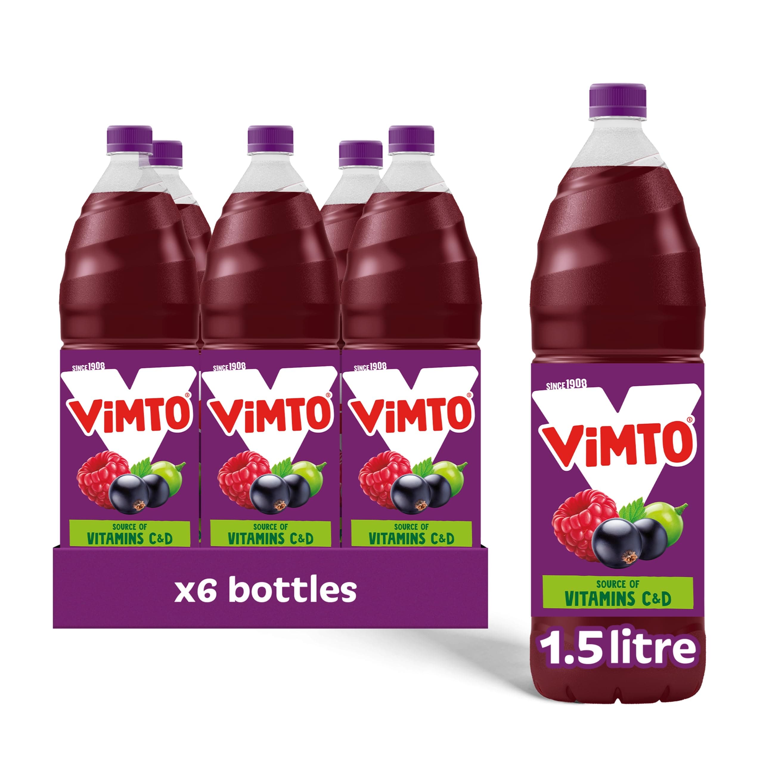 Fruit Squash – No Added Sugar – Blackcurrant, Grape & Raspberry – Vitamins C & D – 6 x 1.5L Bottles – Vegetarian – Mixed Fruit Cordial