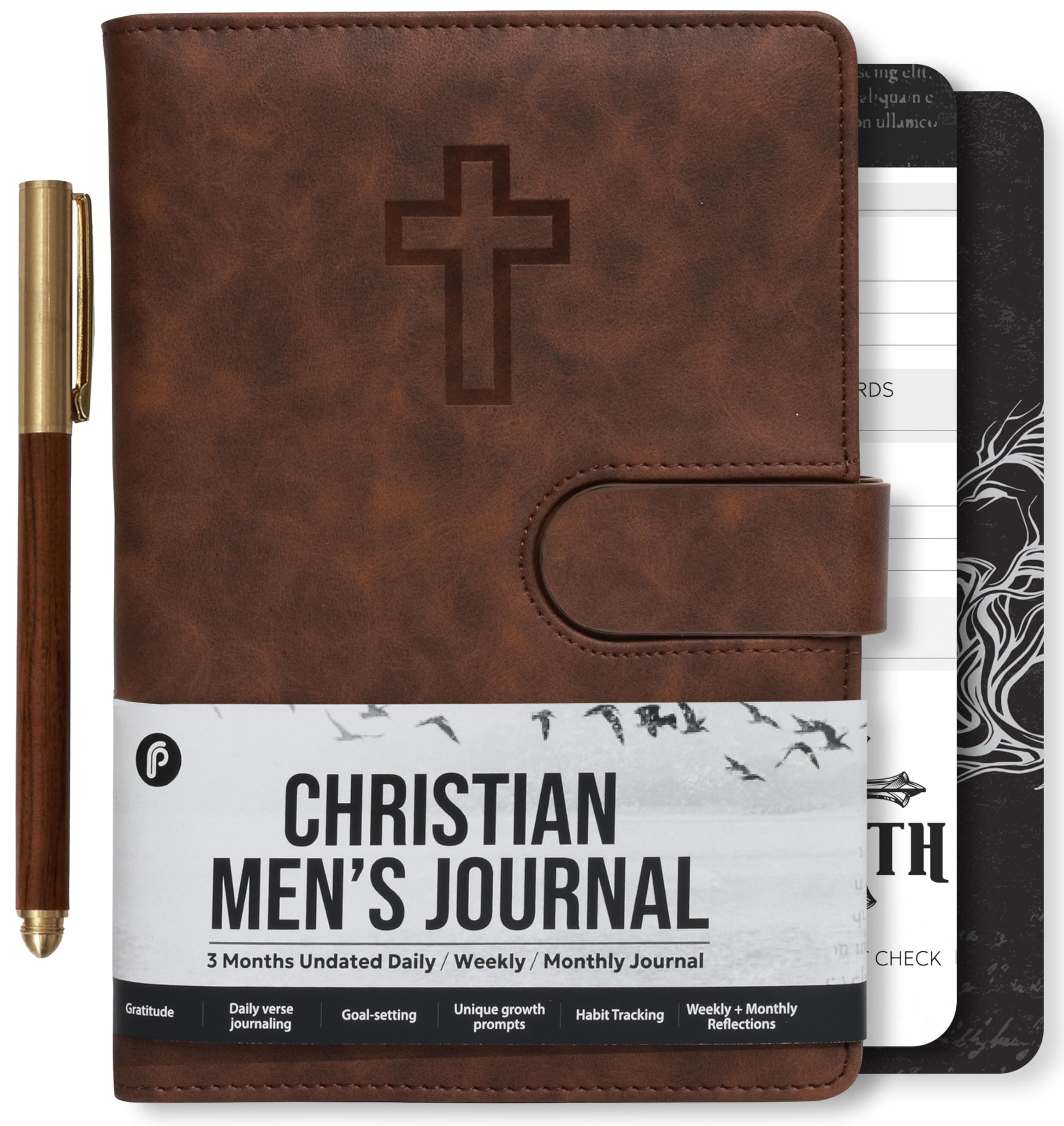 Prazoli Leather Christian Bible Prayer Journal For Men - Study Scripture Notebook & Planner Daily Devotional Undated | Religious Jesus Faith Gifts for Graduation, Pastor Baptism & Church, Cross