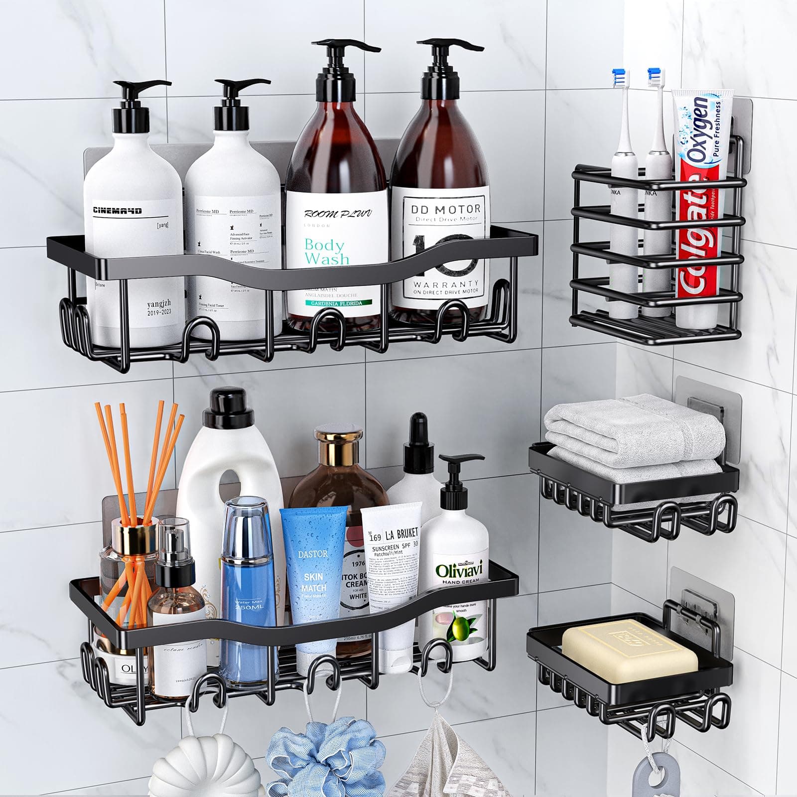 PKPD Rustproof Stainless Steel Shower Caddy 5 Pack, Bathroom Storage Accessory Shelf Organiser No Drilling Hanging, Soap Toothbrush Holder Set, Kitchen Wall Mounted Corner Decor, Black