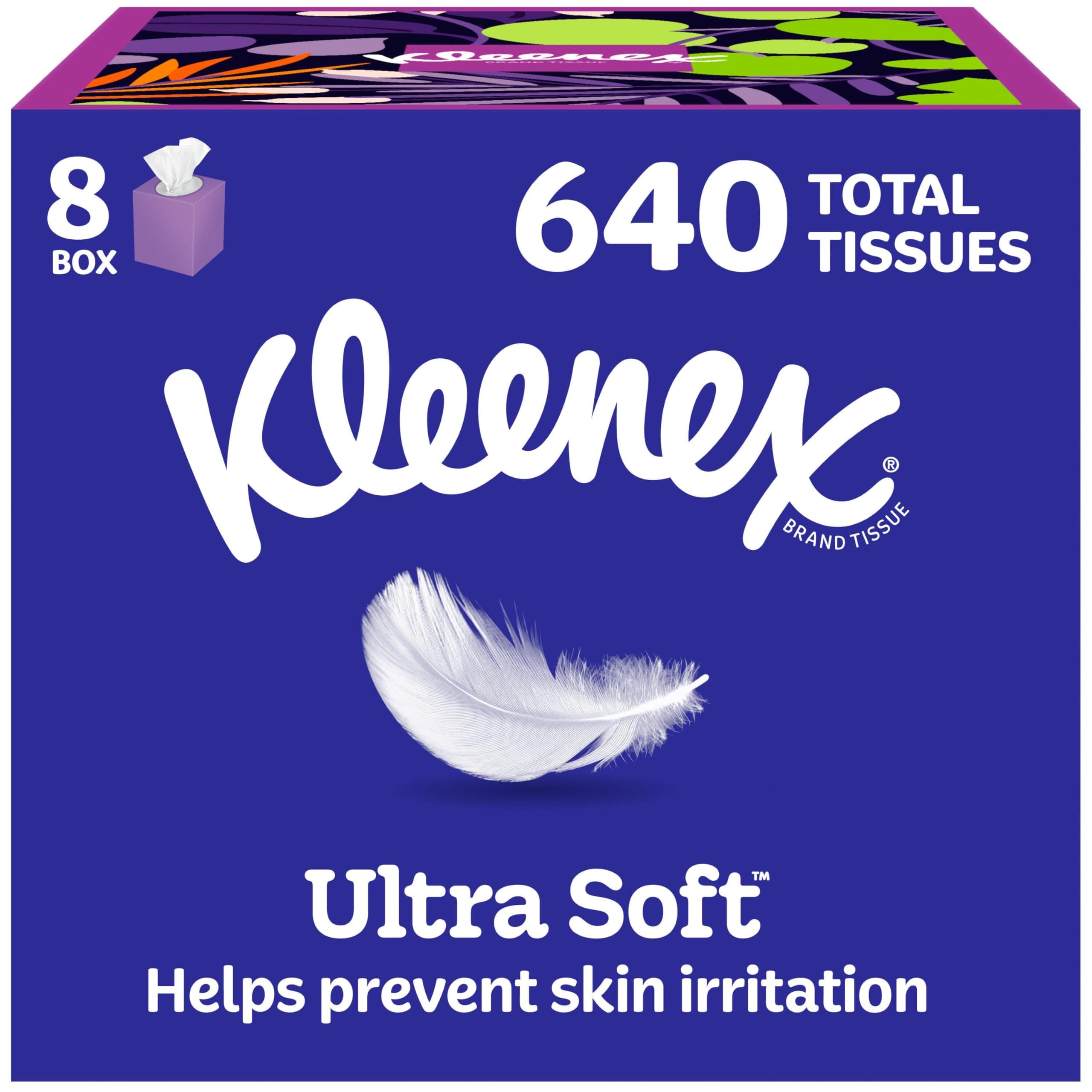 Kleenex Ultra Soft Facial Tissues, 8 Cube Boxes, 80 Tissues per Box, 3-Ply, Packaging May Vary