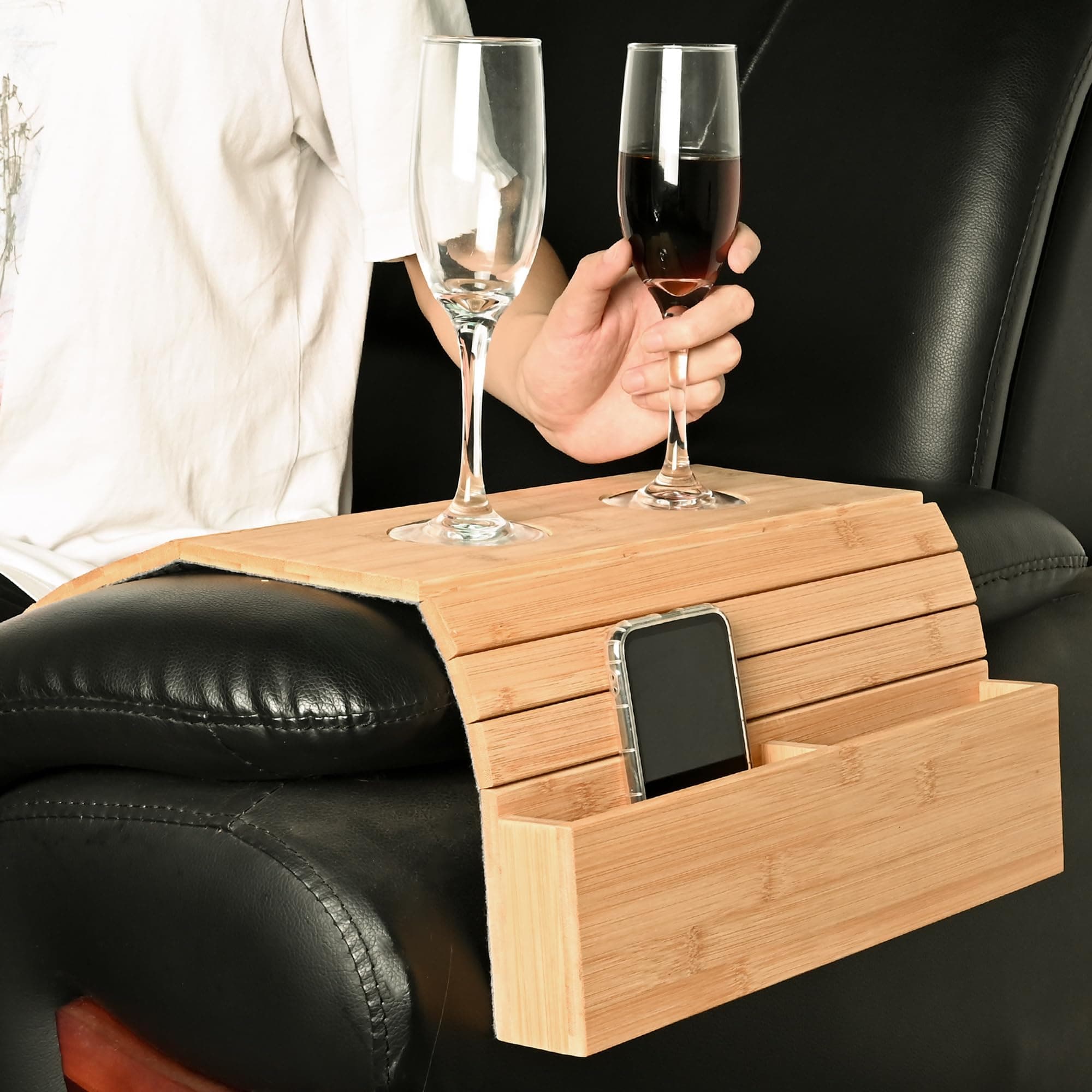 Sofa Arm Tray Table Bamboo Couch Arm Table with Flexible/Foldable Couch Cup Holder, Ideal for Remote/Drinks/Phone, Bamboo Sofa Armrest Clip-On Tray with Box