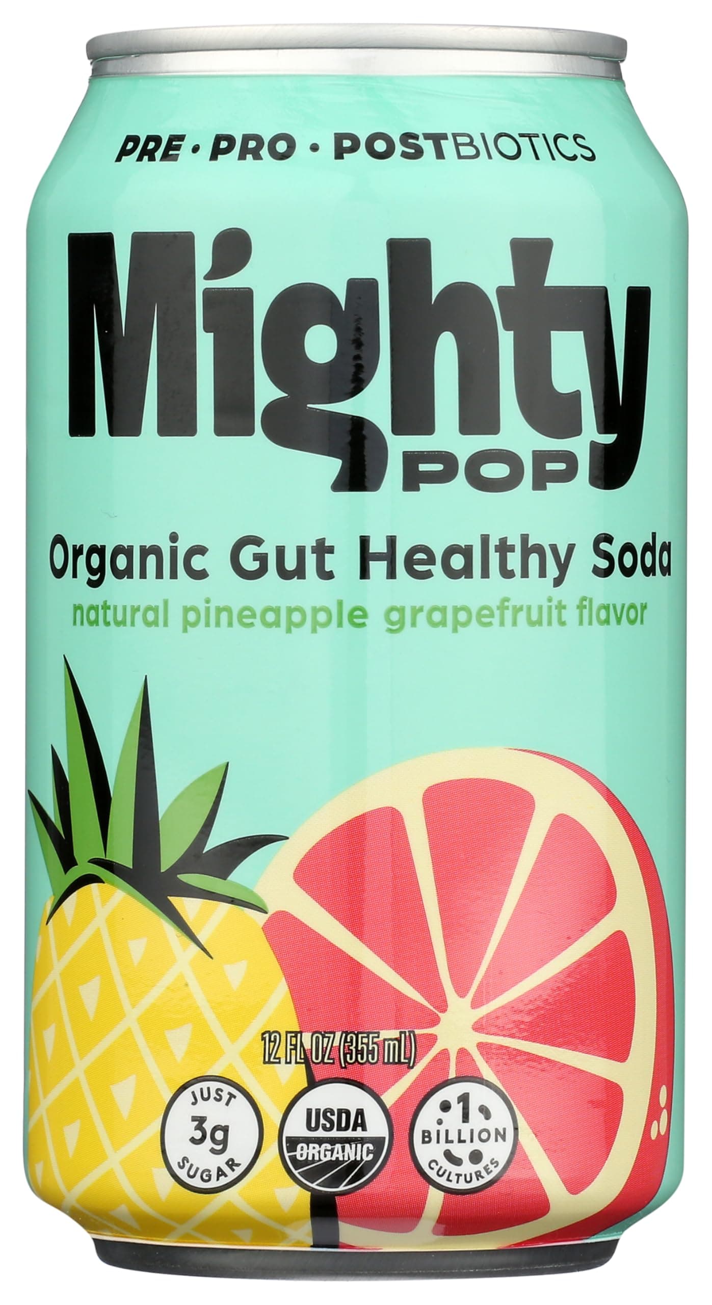Mighty Pop (Pineapple Grapefruit) | Organic Prebiotic Probiotic Postbiotic Drink | 12-Pack Cans - Tropical Fusion of Pineapple and Grapefruit for a Zesty and Gut-Friendly Experience.