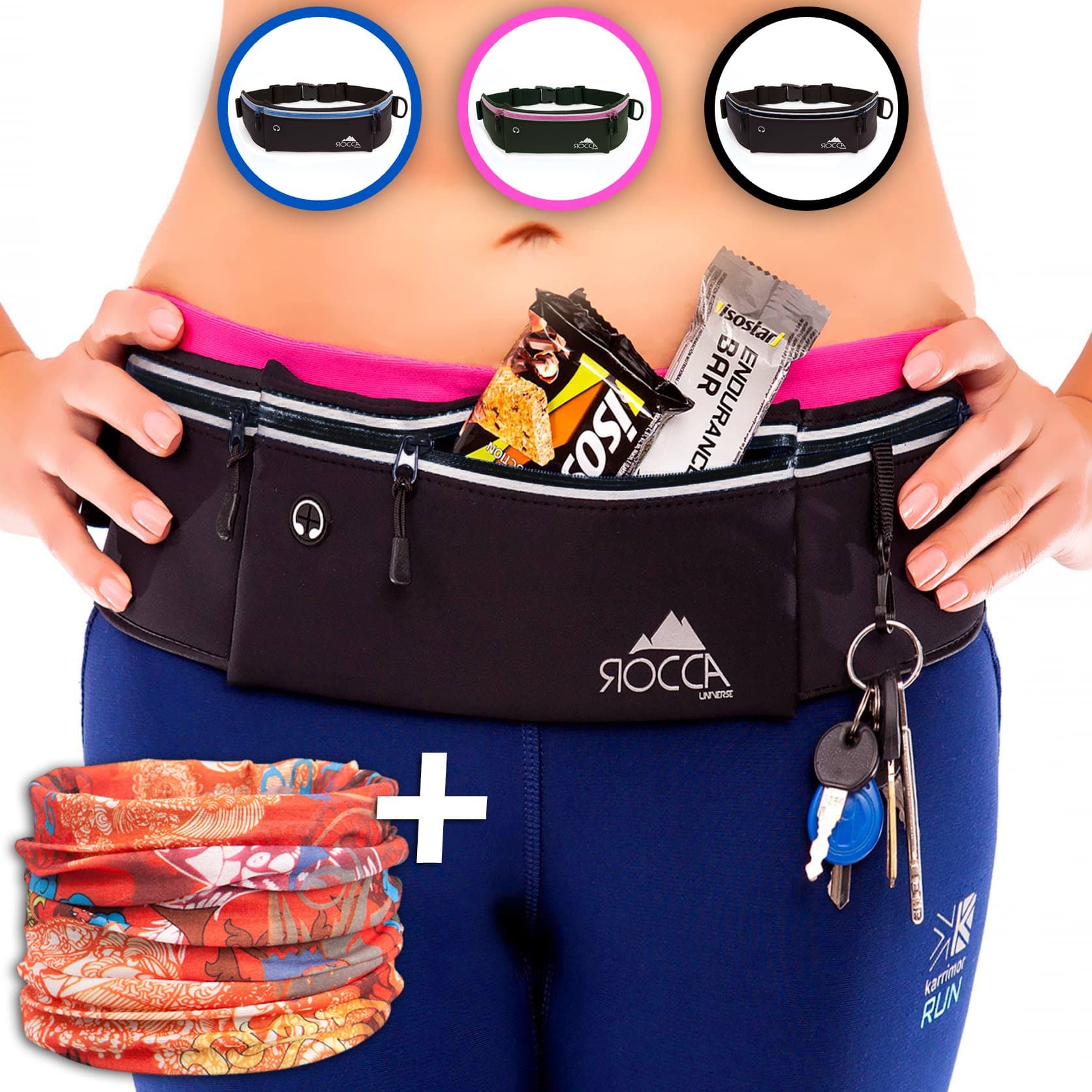 Running Belt - iPhone X 6 7 8 Plus & Samsung Phone Pouch for Runners | Best Women Men Kids Reflective Waist Pocket Belt Gear for Fitness Gym Hiking Workout + Bandana Sports Scarf by ROCCA (Black)