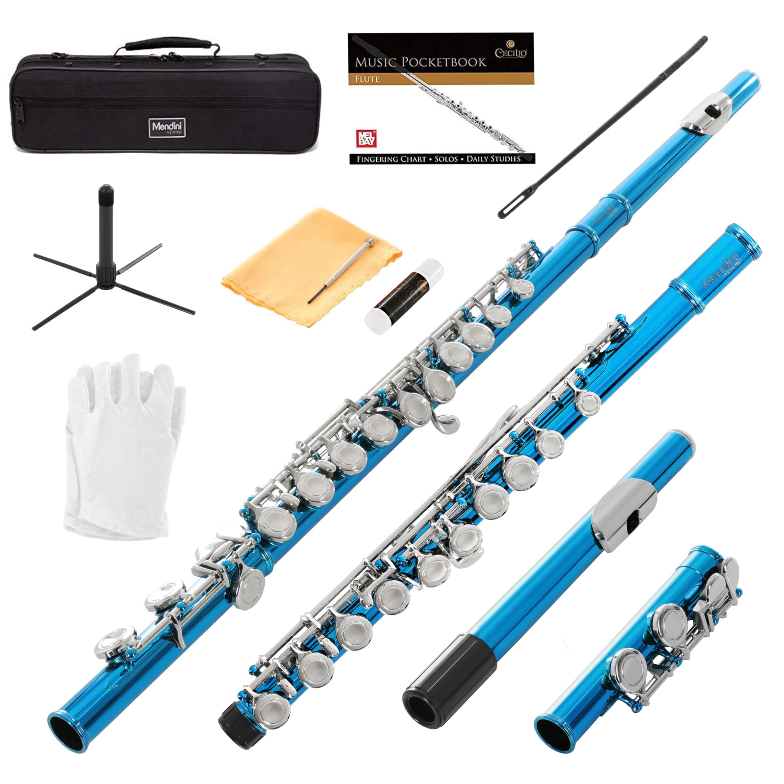 Mendini Sky Blue Closed Hole C Flute with Stand, 1 Year Warranty, Case, Cleaning Rod, Cloth, Joint Grease, and Gloves - MFE-SB+SD+PB