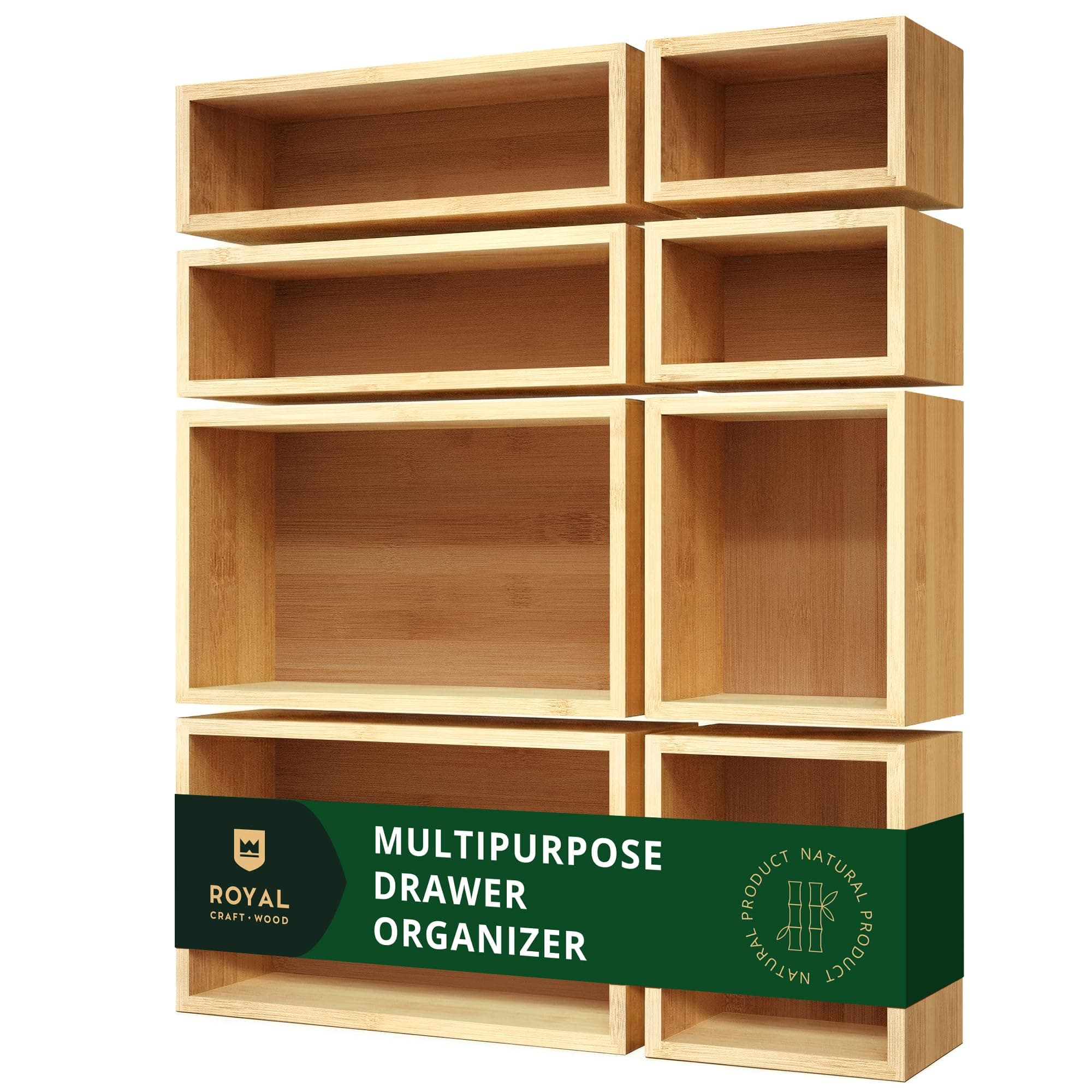 Bamboo Drawer Organizer Storage Box/Bin Set - Multi-Use Drawer Organizer for Kitchen, Bathroom, Office Desk, Makeup, Jewelry… (8 Boxes)