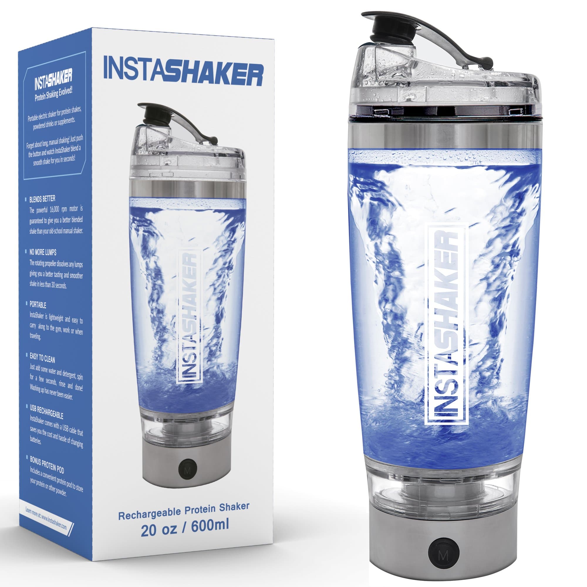 InstaShaker (2018 Model) Protein Shaker Bottle - Electric Protein Blender 20 oz | Vortex Mixer Cup | USB Rechargeable | Integrated Powder Storage Container |