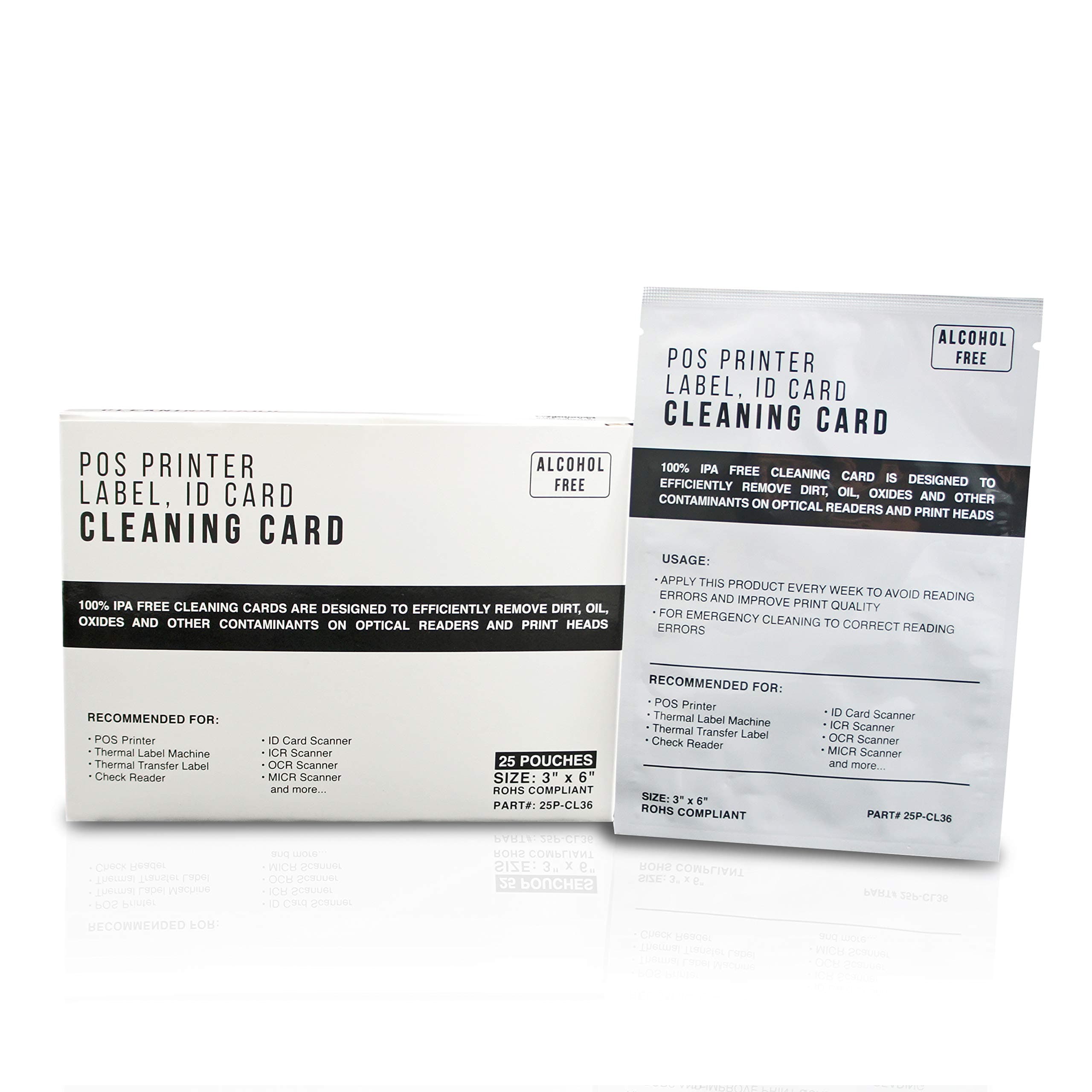 Thermal Label Printer POS Terminal Cleaning Cards - 3 x 6 Alcohol Free 25 Cards
