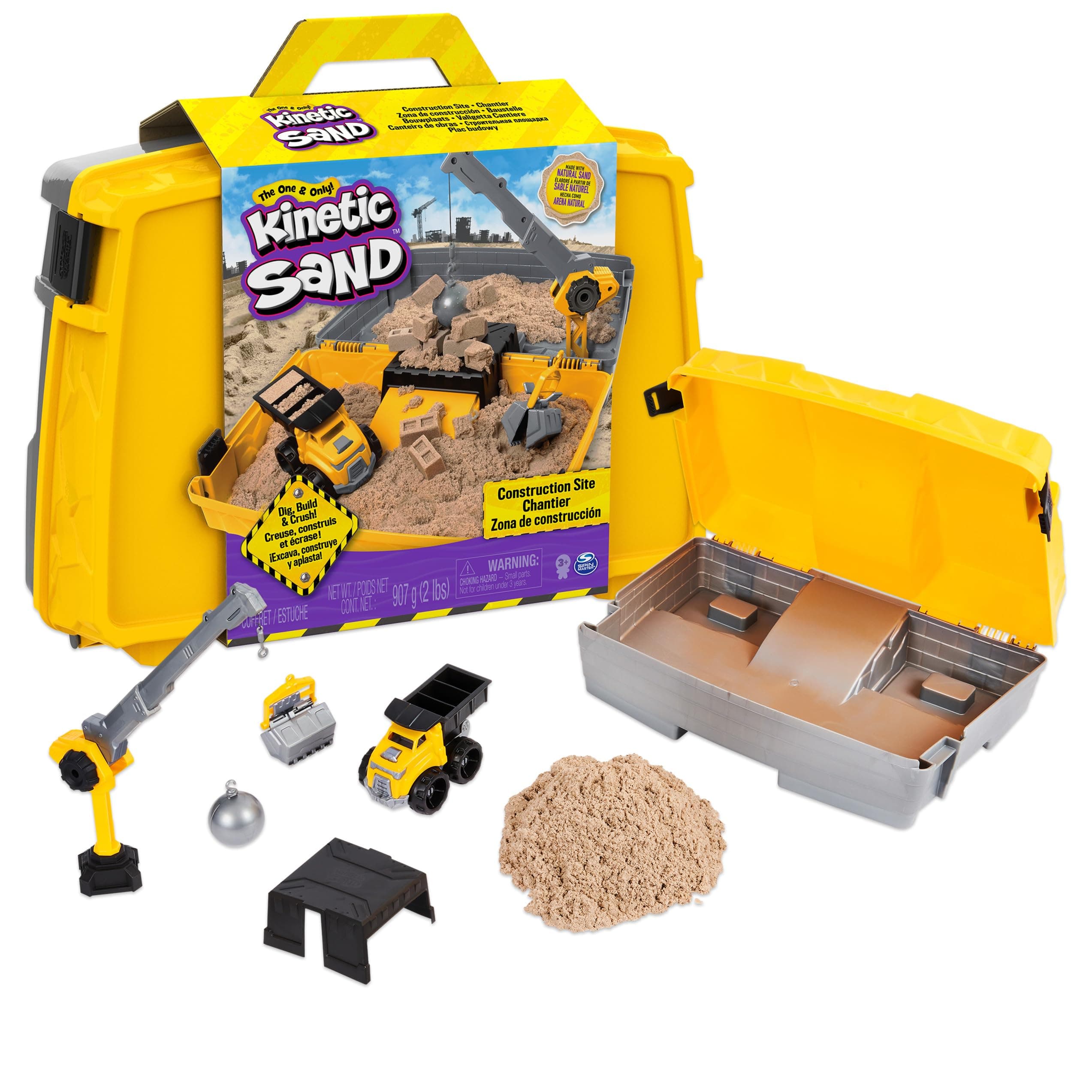 Kinetic Sand, Construction Site Folding Sandbox with 2lbs Play Sand & Toy Truck, Sensory Toys for Kids Ages 3 and up