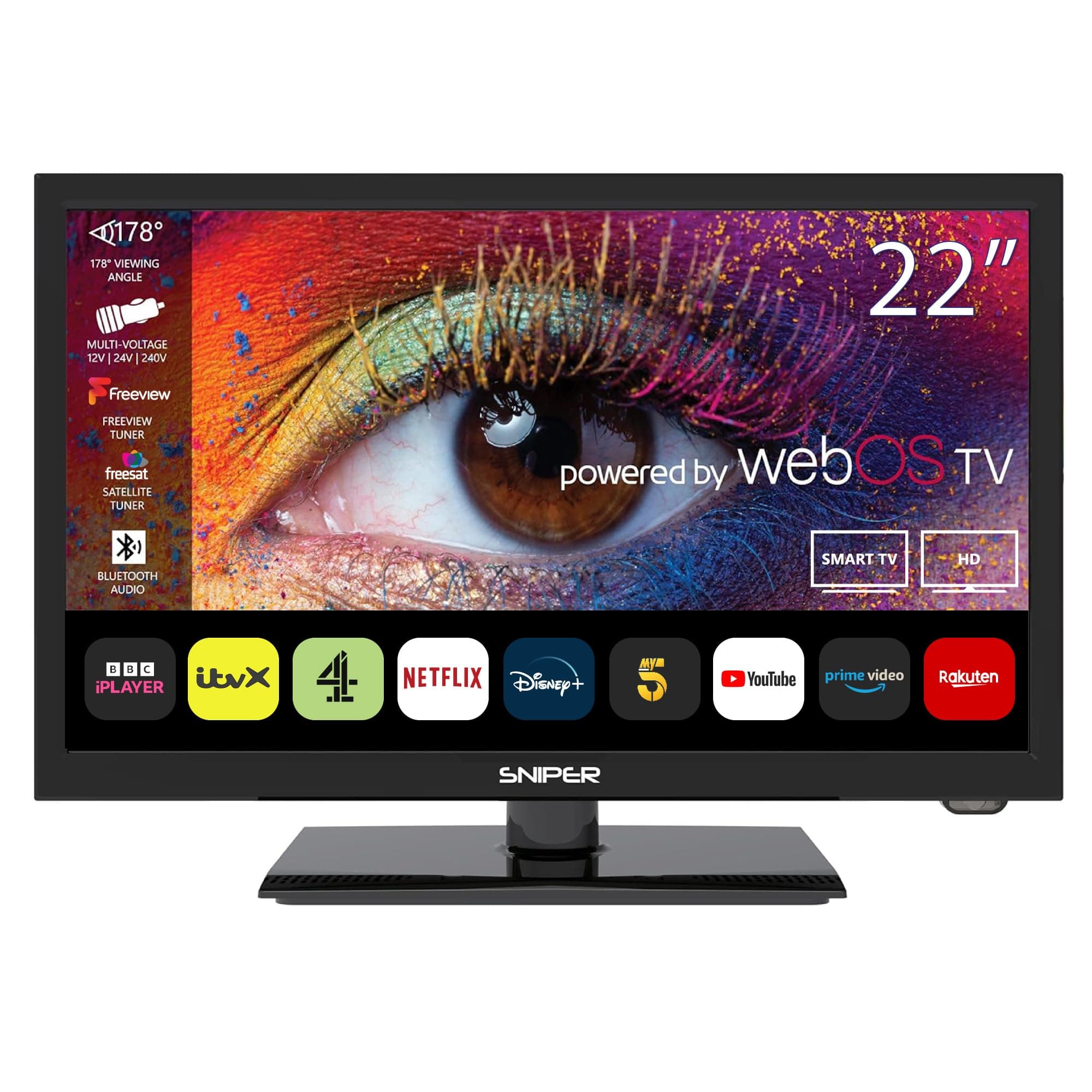 22″ SMART LED Camping TV – webOS – Bluetooth 5.0, Wifi, Freeview Tuner, Satellite Tuner, Streaming & Catchup, 3 x HDMI, 2 x USB, Multimedia player, HD