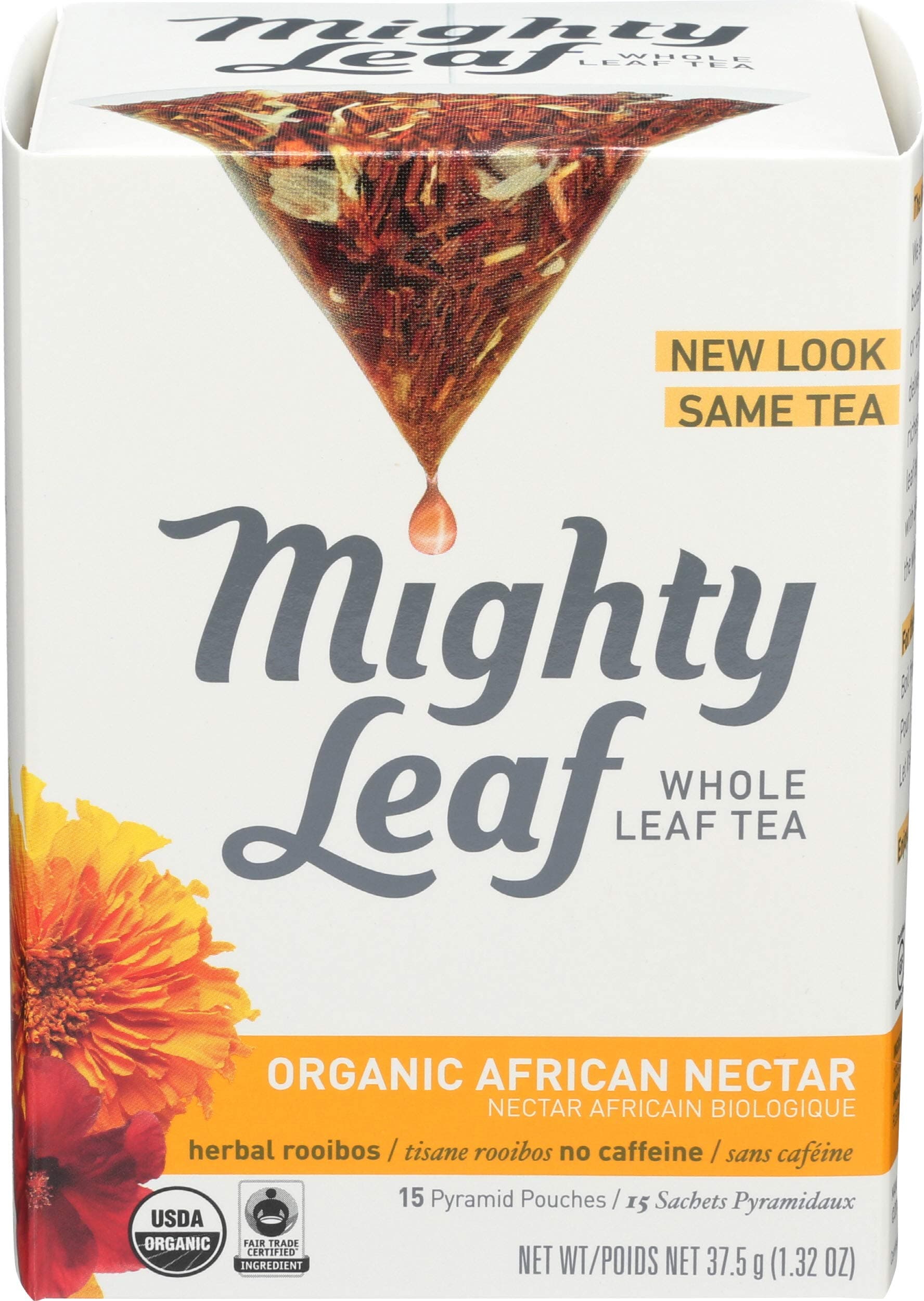 Mighty Leaf Whole Leaf Tea, Organic African Nectar, 15 Tea Bags Individual Pyramid-Style Tea Sachets of Uncaffeinated Organic Rooibos Tea, Delicious Hot or Iced, Sweetened or Plain