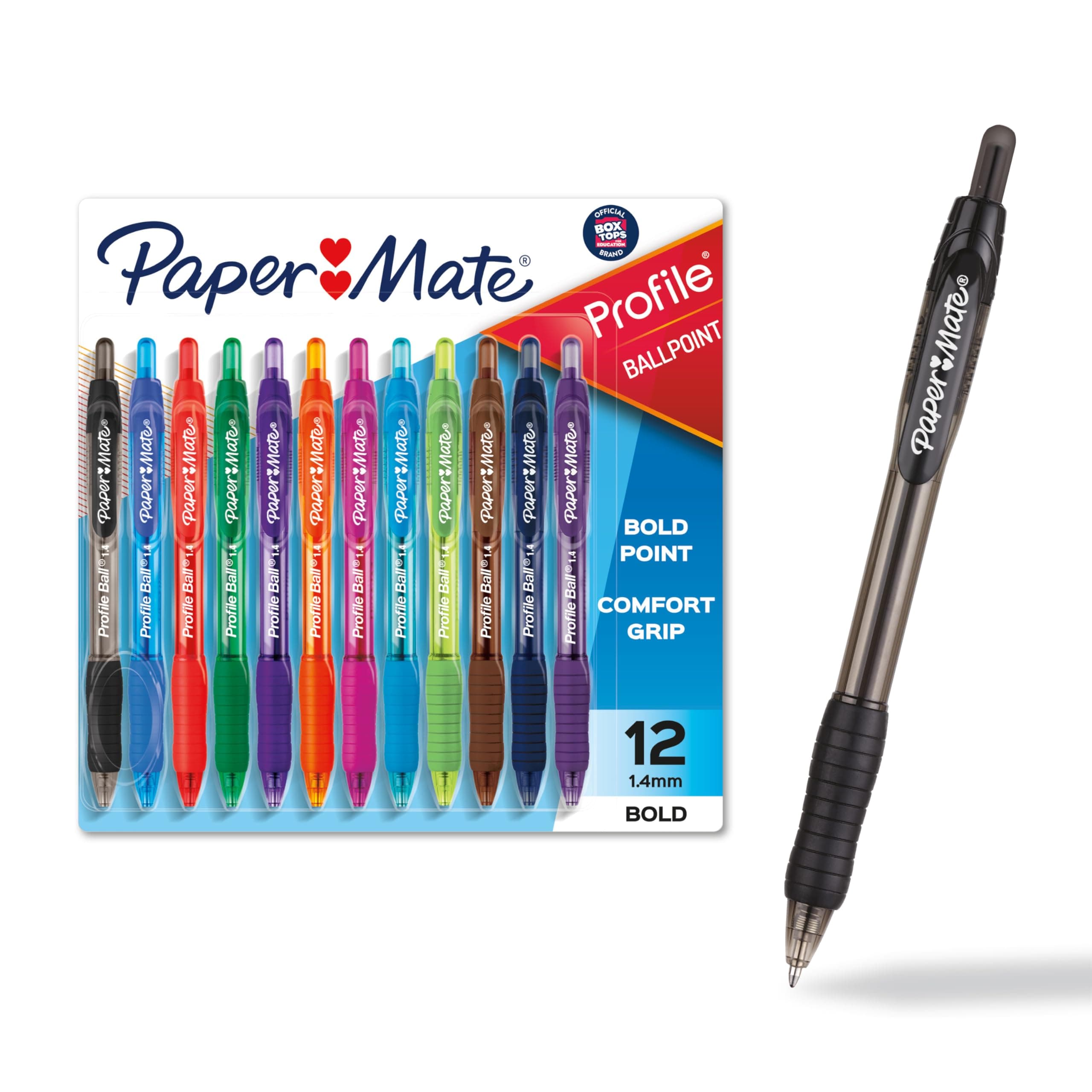 Paper Mate Profile Retractable Ballpoint Pens Bold, 1.4mm, Assorted Colors, 12 Count - Back to School, Home, Office, Teacher Supplies