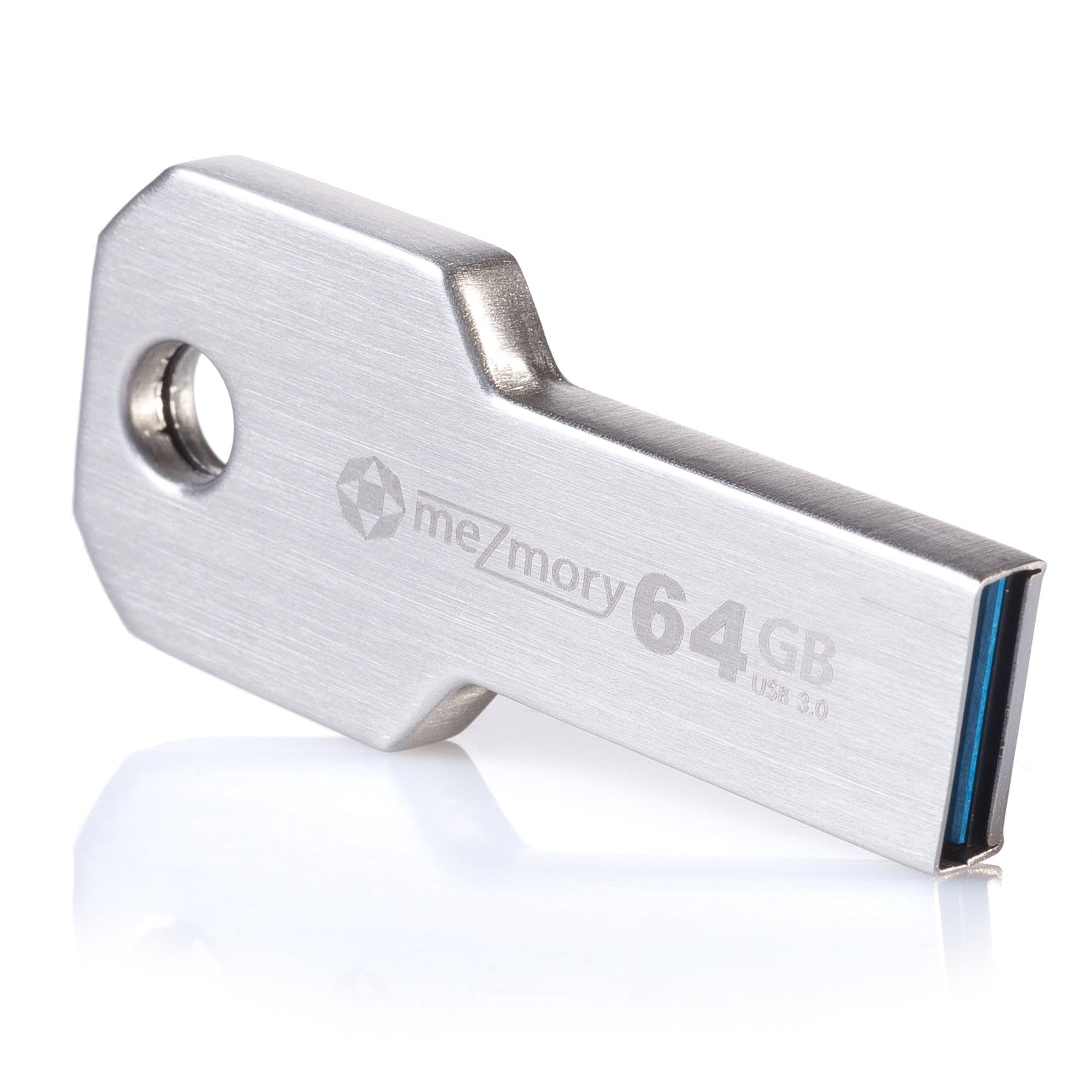 meZmory® Mini USB Key – 64 GB – USB 3.0 key shaped key waterproof Fast, Extremely Strong & colourfast Made of Metal (Stainless Steel) – Perfect to attach to your key pendants in silver
